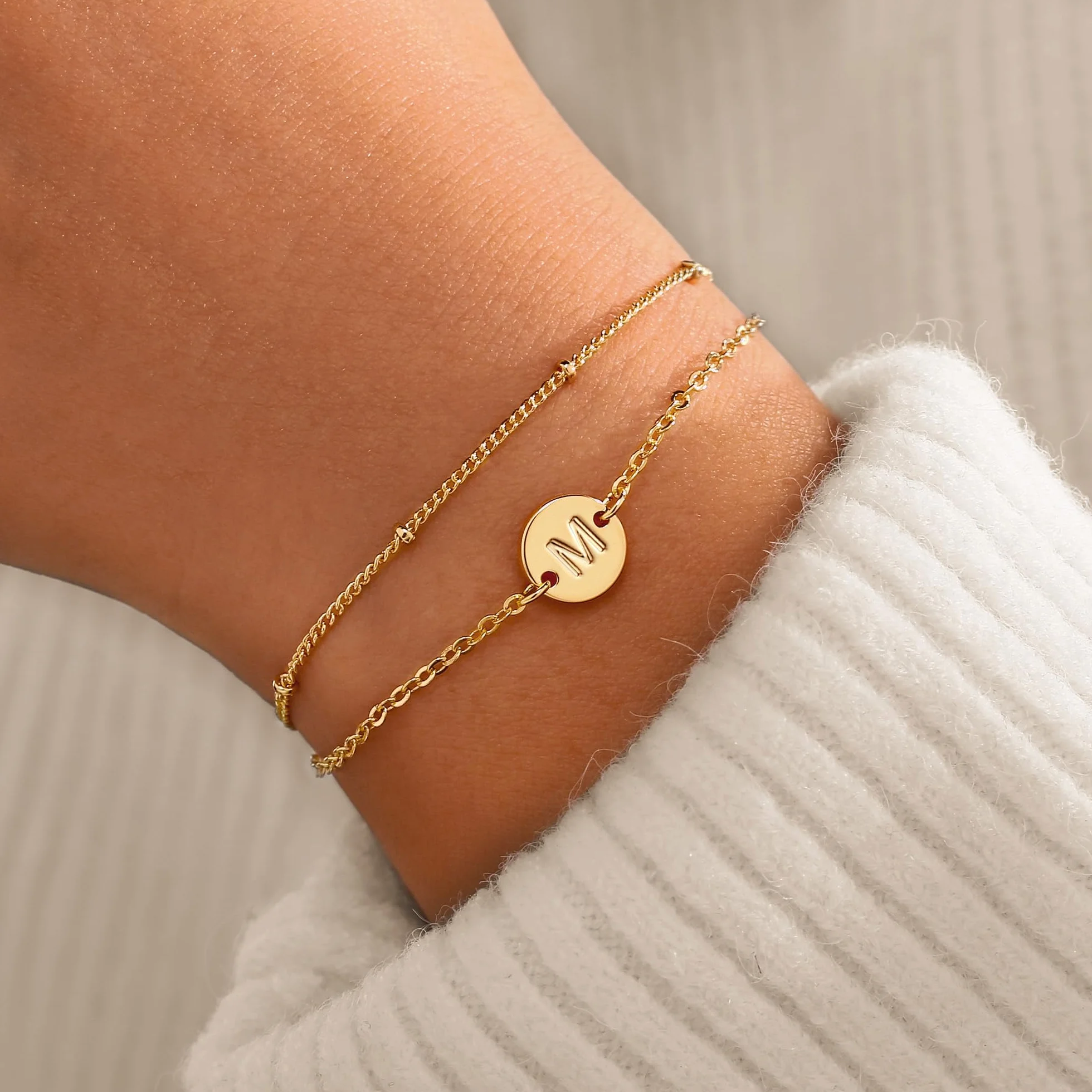 TINGN Bracelet Or pour Femme Fille – Plaqué Or 16 Carats Bracelet Initiale Disque Personnalisé