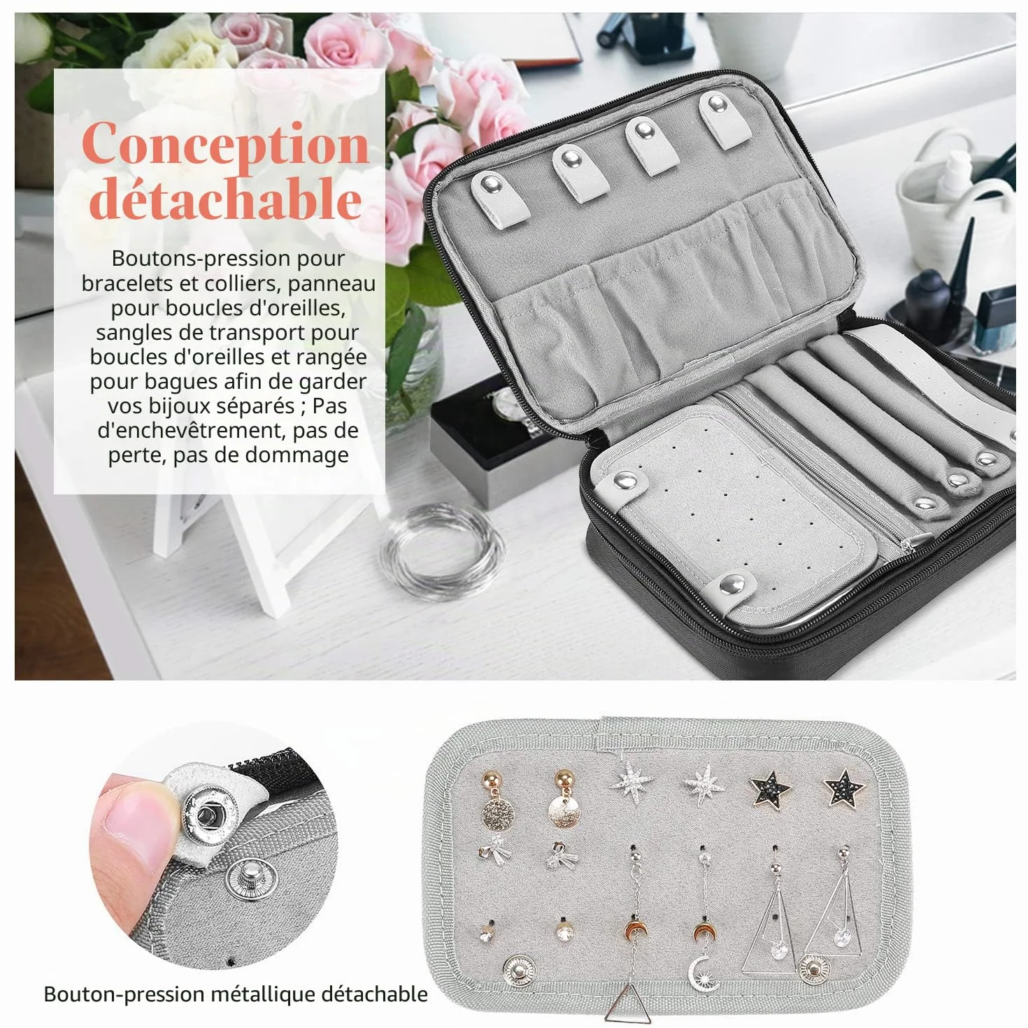 ProCase Trousse à Bijoux de Voyage, Boîte de Rangement Double Couche, pour Bagues, Boucles d'oreilles, Colliers, Noir