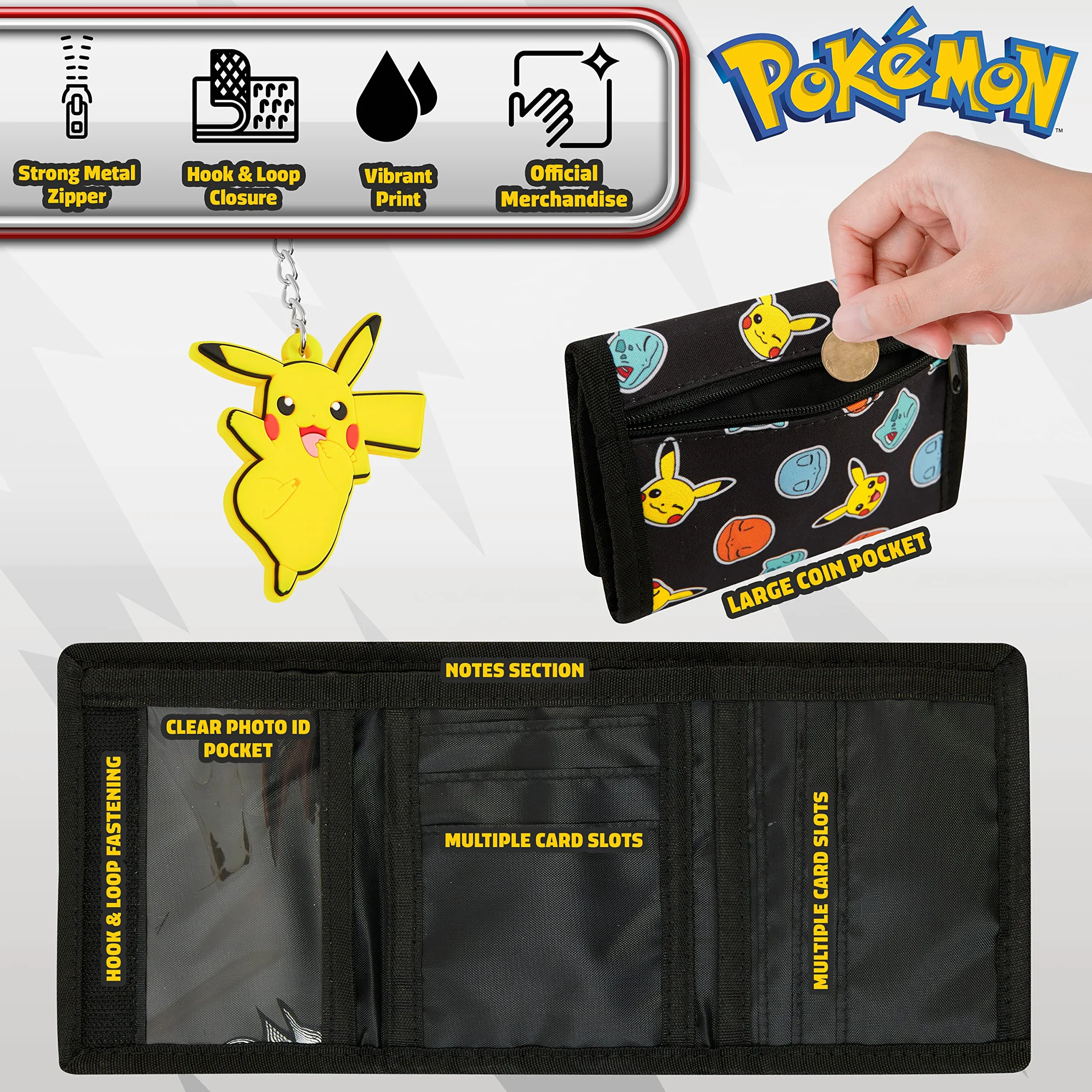 Pokémon Portefeuille Enfant Trifold Toile Poche ID Zippé Porte Clés Coffret Cadeau Pikachu Noir Jaune