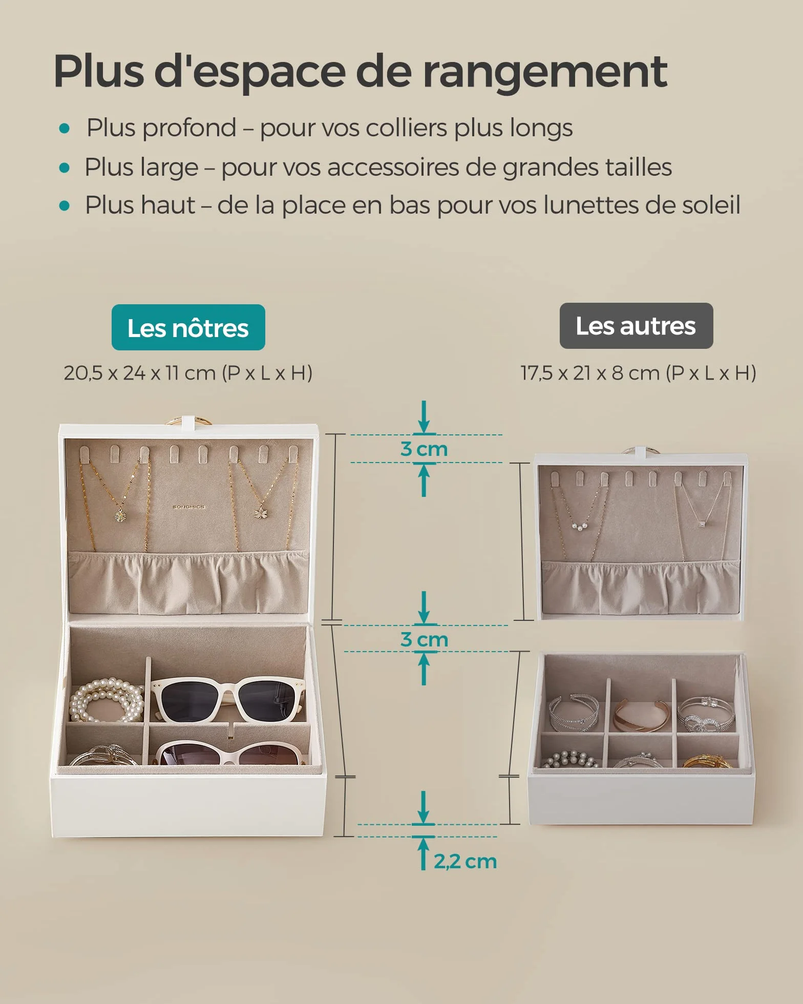 SONGMICS Boîte à Bijoux 2 Niveaux, Coffre à Bijoux avec Poignée, Plateau Flexible, 20,5 x 24 x 11 cm, Blanc