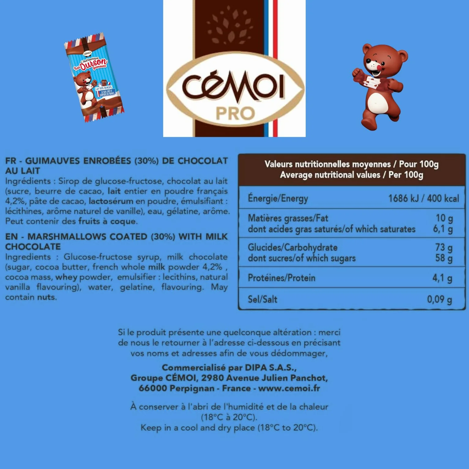 CEMOI | 100 Oursons guimauve 11.5g emballés individuellement pratique pour le goûter | Fabrication française - 1.15kg