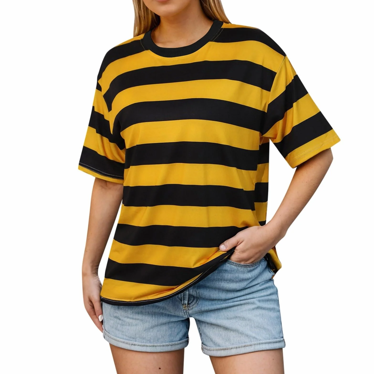 T-shirt rayé pour femme Jaune et noir Col rond Manches courtes