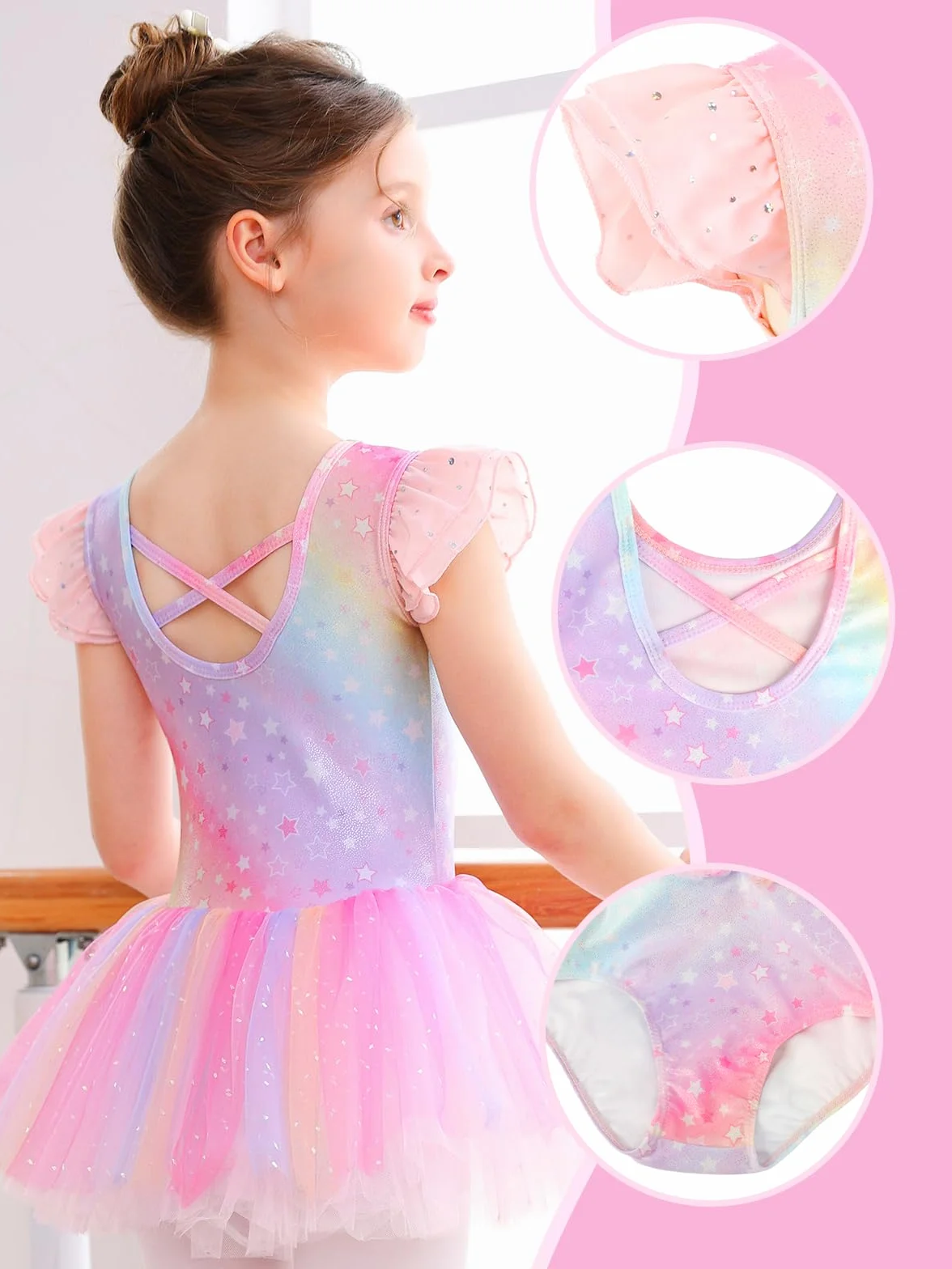 Justaucorps Danse Fille avec Jupe Tutu Danse Classique Brillante Tenue Ballet Manches Courtes