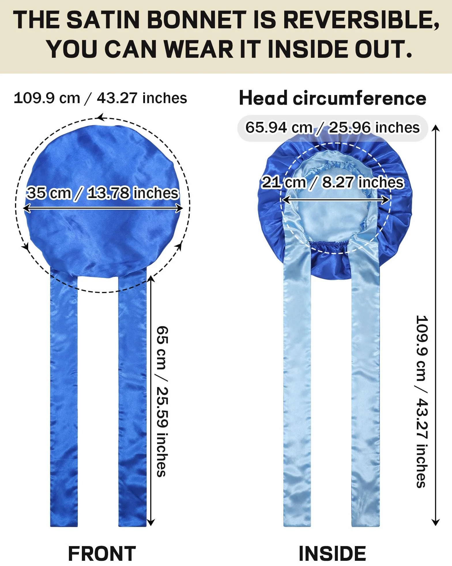 Bonnet en Satin pour Cheveux Bouclés Femmes Noires, Bandeau Réversible avec Nœud