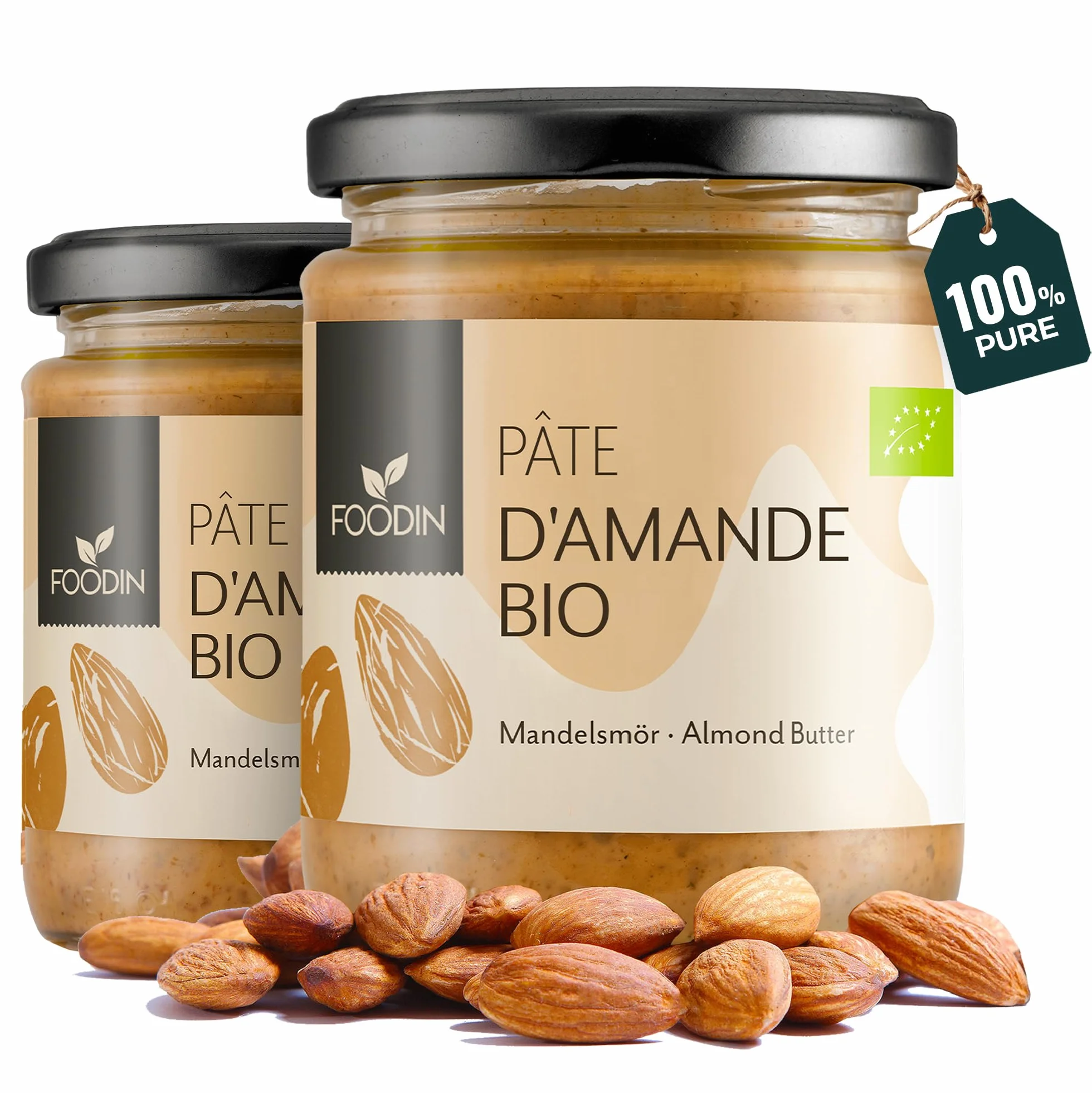 FOODIN Beurre d’amande brun, pâte à tartiner au beurre d’amande bio, bonne source de protéines et d’acides gras, 100% amande, sans gluten et végétalien (2 x 250g)
