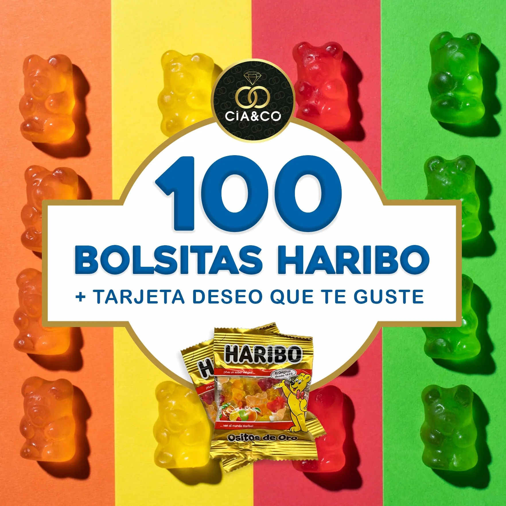 100 Mini Sachets HARIBO Ours d’Or (1 Kg) · Packs Individuels de 10 g · Avec Carte Personnalisable Cia&Co · Idéal pour Anniversaires, Halloween, Fêtes d’Enfants et Cadeaux d’Entreprise Originaux