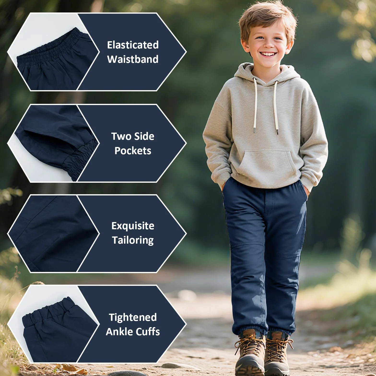 Pantalon Randonnée Imperméable Garçon Fille, Respirant Pantalons Pluie Trekking Taille Élastique avec Poches, Enfant 7-14 Ans