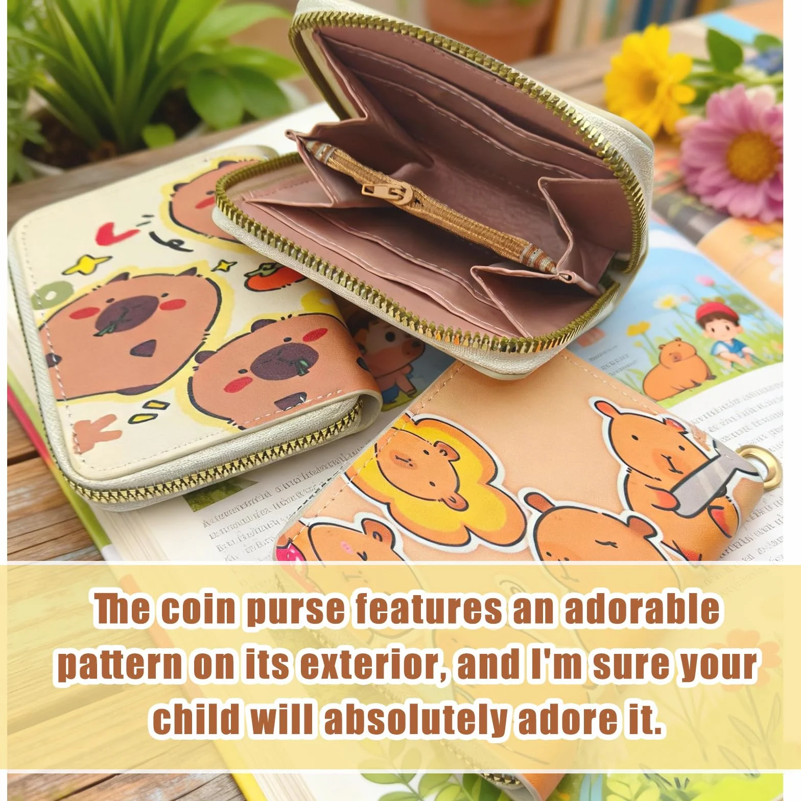 Porte Monnaie Enfant Capybara 3 Pièces Portefeuille Cuir PU avec Fermeture éclair