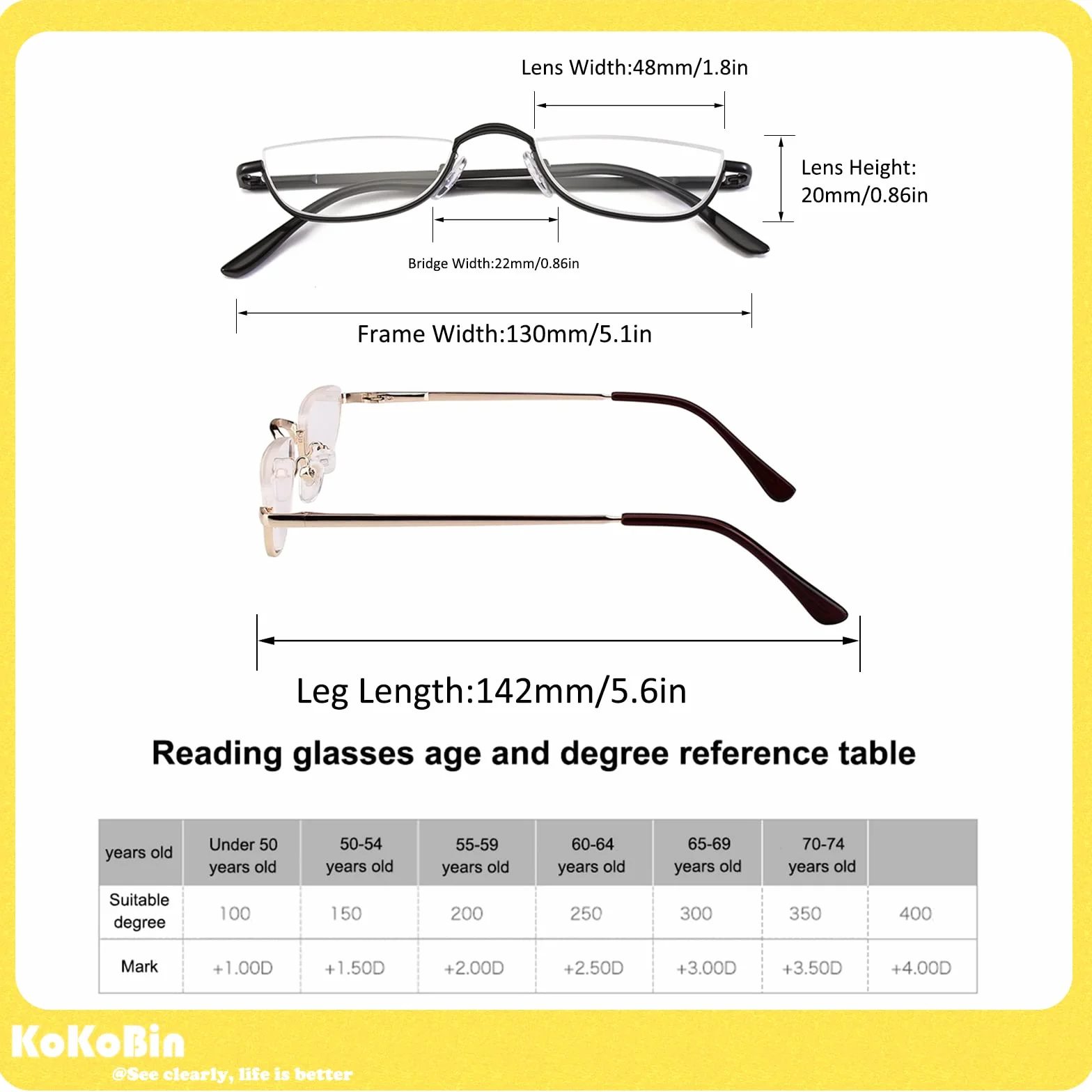 Lunettes de Vue Lecture Demi Lune KoKoBin 2 Paires Métal Charnières Ressort Femme Homme Noir Or Dioptres 2.5
