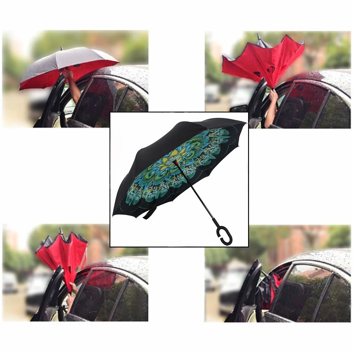 Parapluie Inversé Mains Libres Poignée Forme C Double Couche Coupe-Vent Anti-UV Voyage Voiture