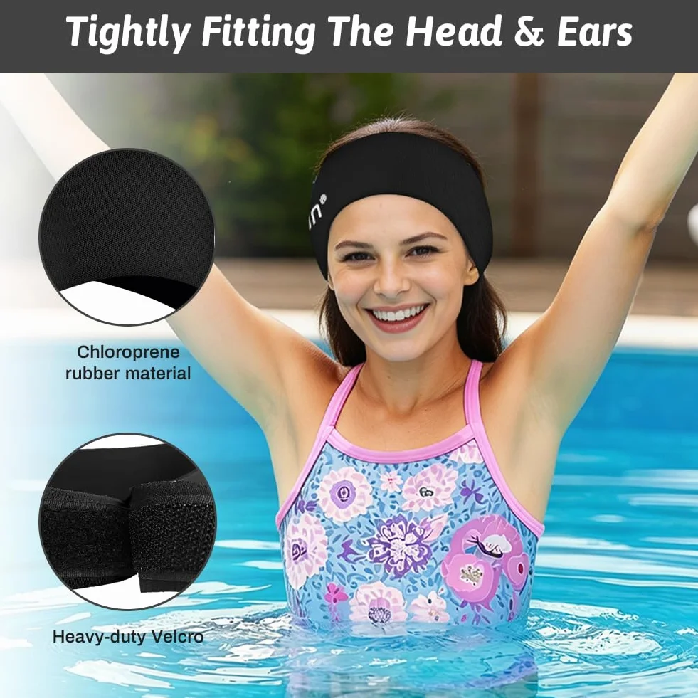 Bandeau de Natation Néoprène Antidérapant Maintient Bouchons d’Oreilles Sports Nautiques Noir M