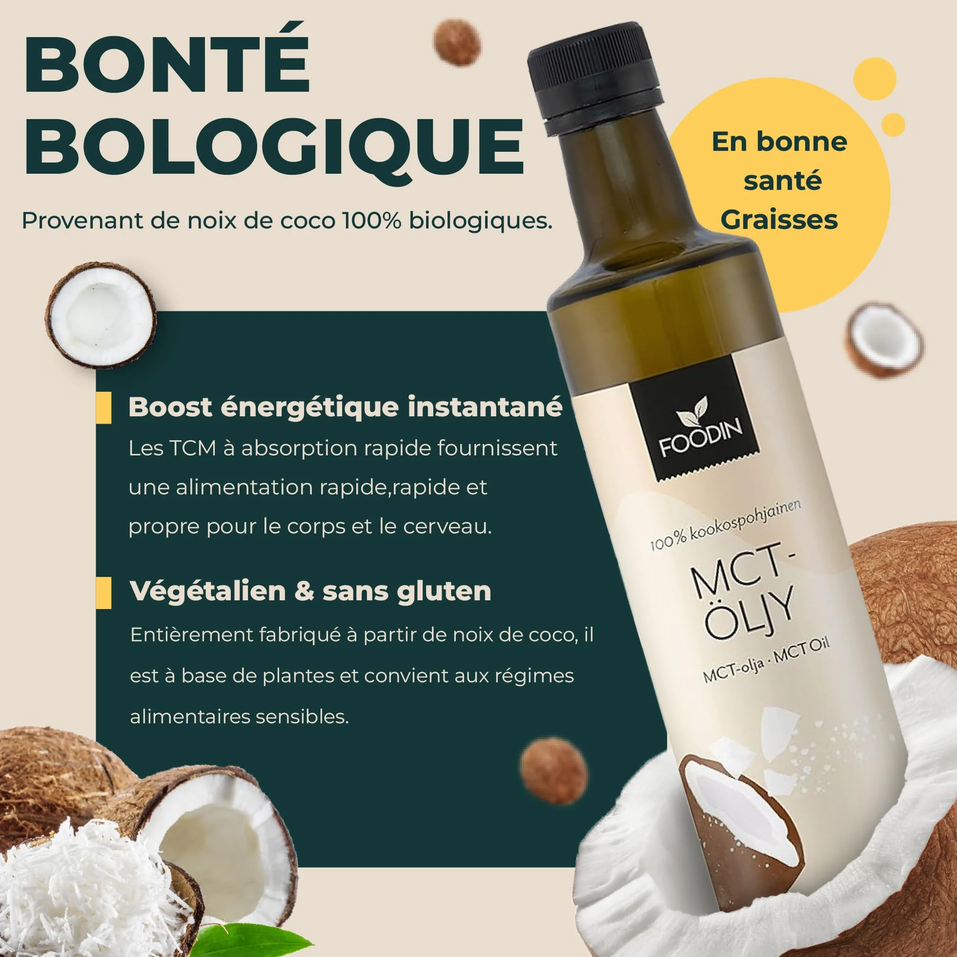 FOODIN Huile MCT 100% Huile de Coco,Triglycérides à Chaîne Moyenne (MCT), Sans Gluten & Végétalienne, de Coco Pure pour Athlètes, Idéale pour Régimes Cétogènes & Bienfaits Santé, 2 x 500 ml