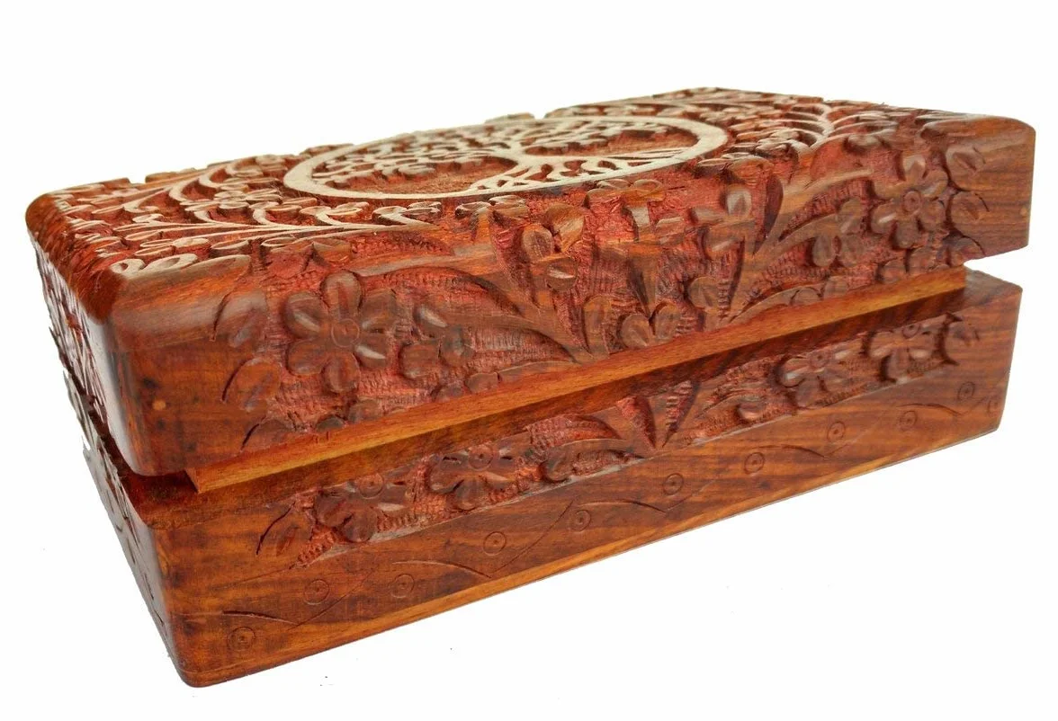Boîte à Bijoux en Bois Fait Main Arbre de Vie, Coffret Sculpté, Rangement Décoratif 20 x 13 cm