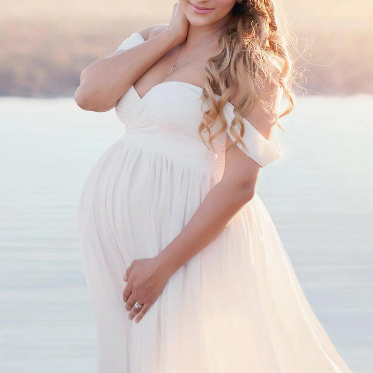 Robe Grossesse Photographie Dentelle Epaule Dénudée Femme Enceinte Mousseline Soie Shooting Photo Cérémonie