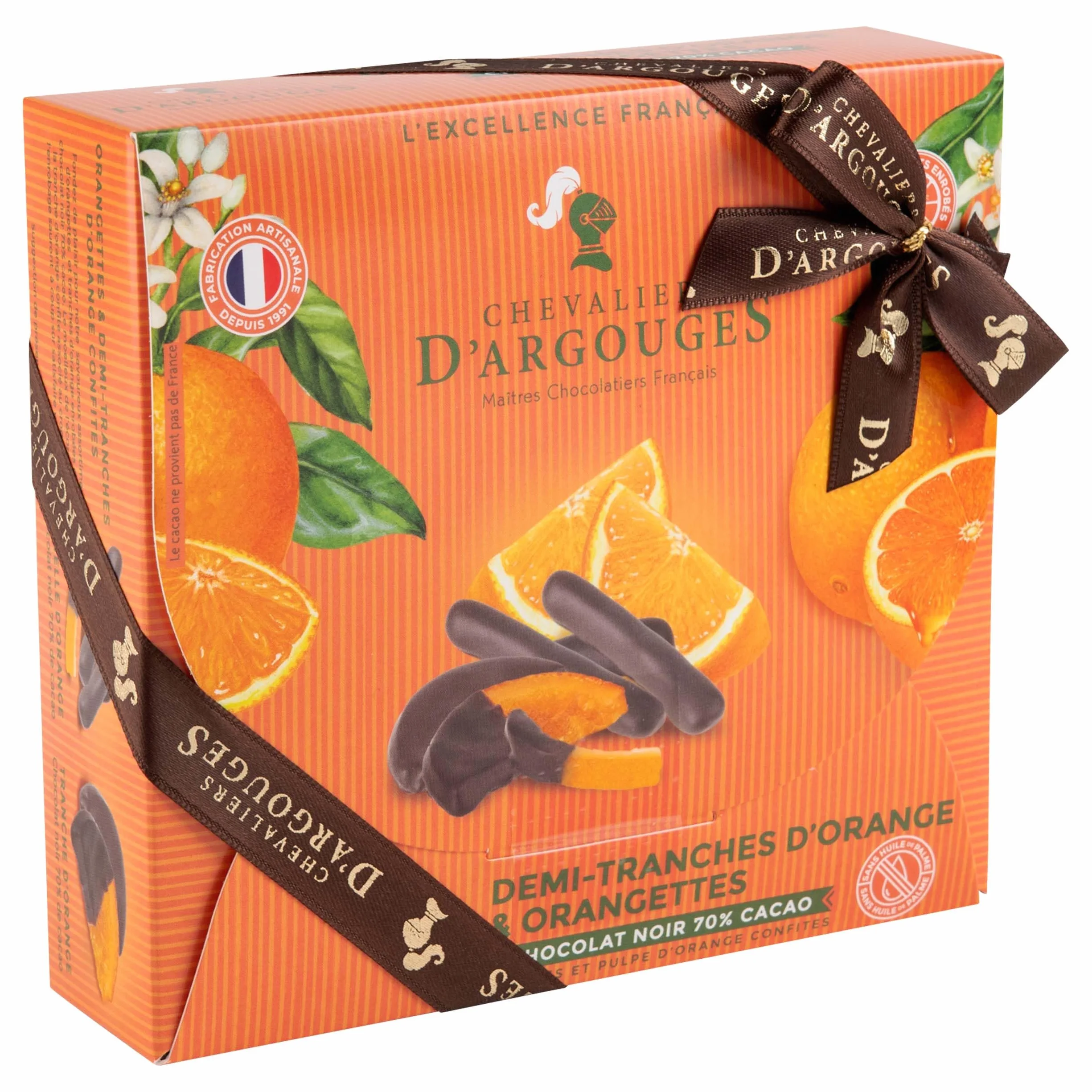 CHEVALIERS D'ARGOUGES Maîtres Chocolatiers Français - Assortiment orangettes et tranches d'oranges enrobées chocolat noir 70% - Coffret cadeau 170g