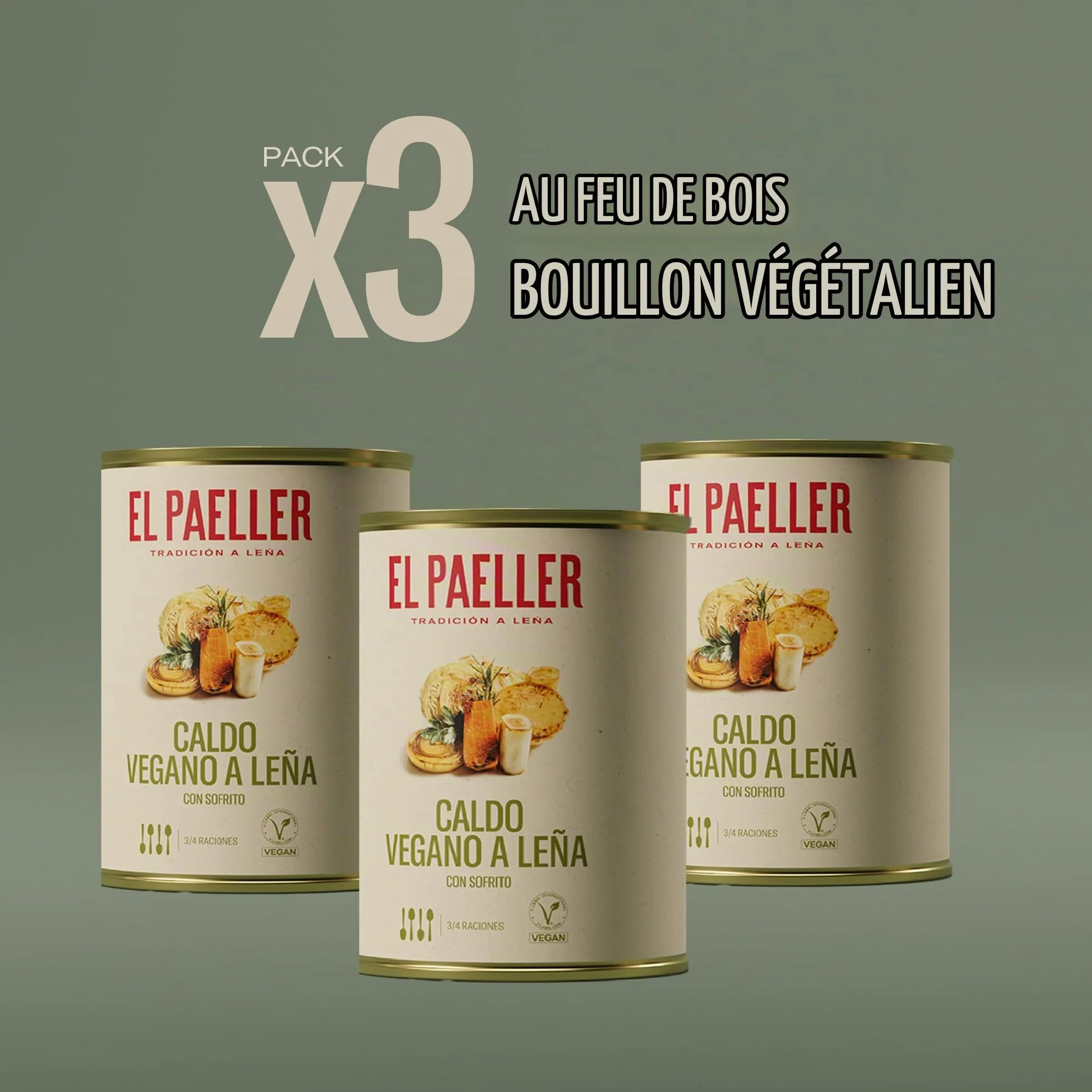 EL PAELLER - Bouillon de Légumes | 100% Végan | Cuit au Feu de Bois avec des Ingrédients 100% Naturels | Certifié Vegan Food | Idéal pour Paellas et Riz | Pack de 3 unités, 3 Litres | Sans Conservateu