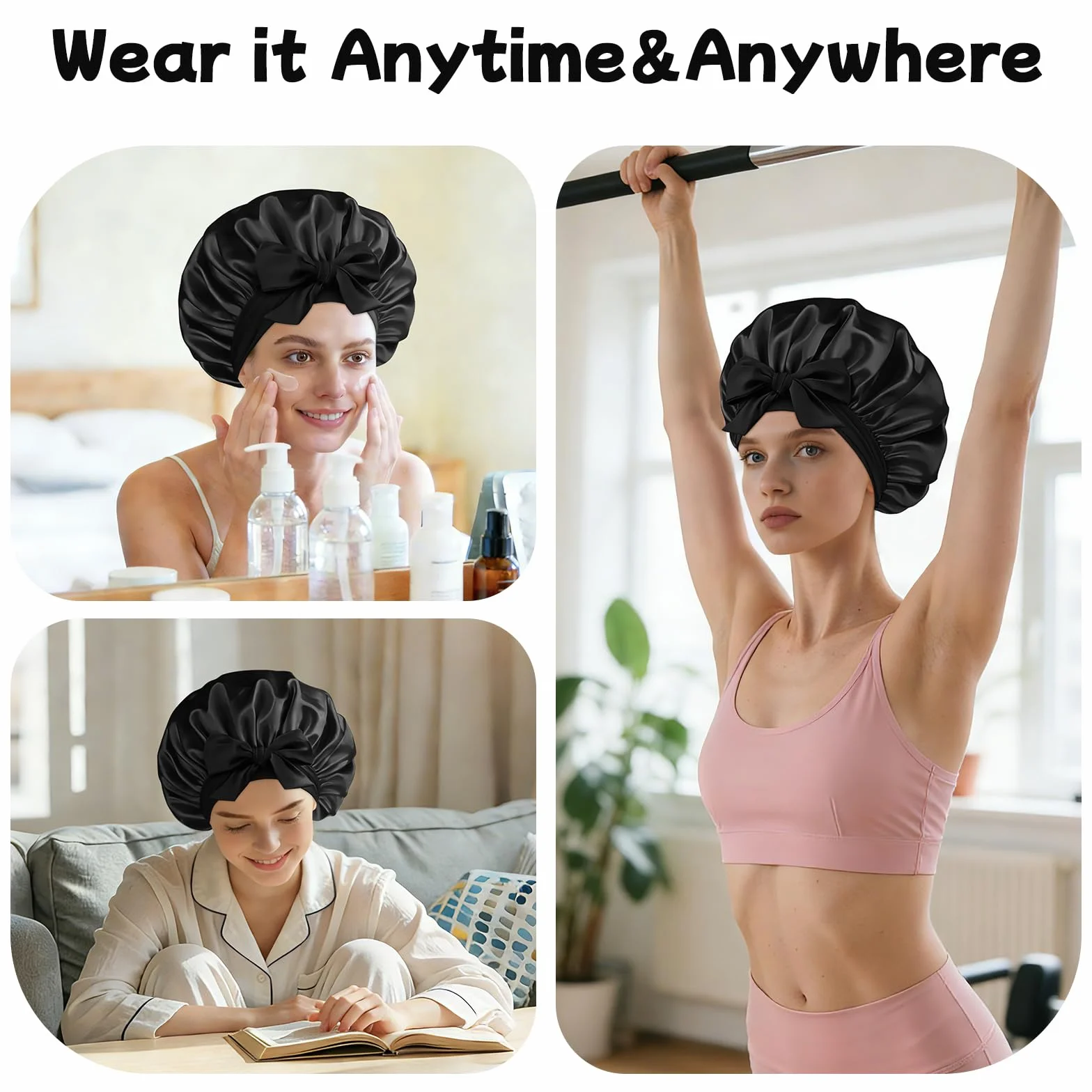 Bonnet Satin Cheveux Nuit Charlotte Locks Bouclés Ajustable Long Elastique Noir Moyen