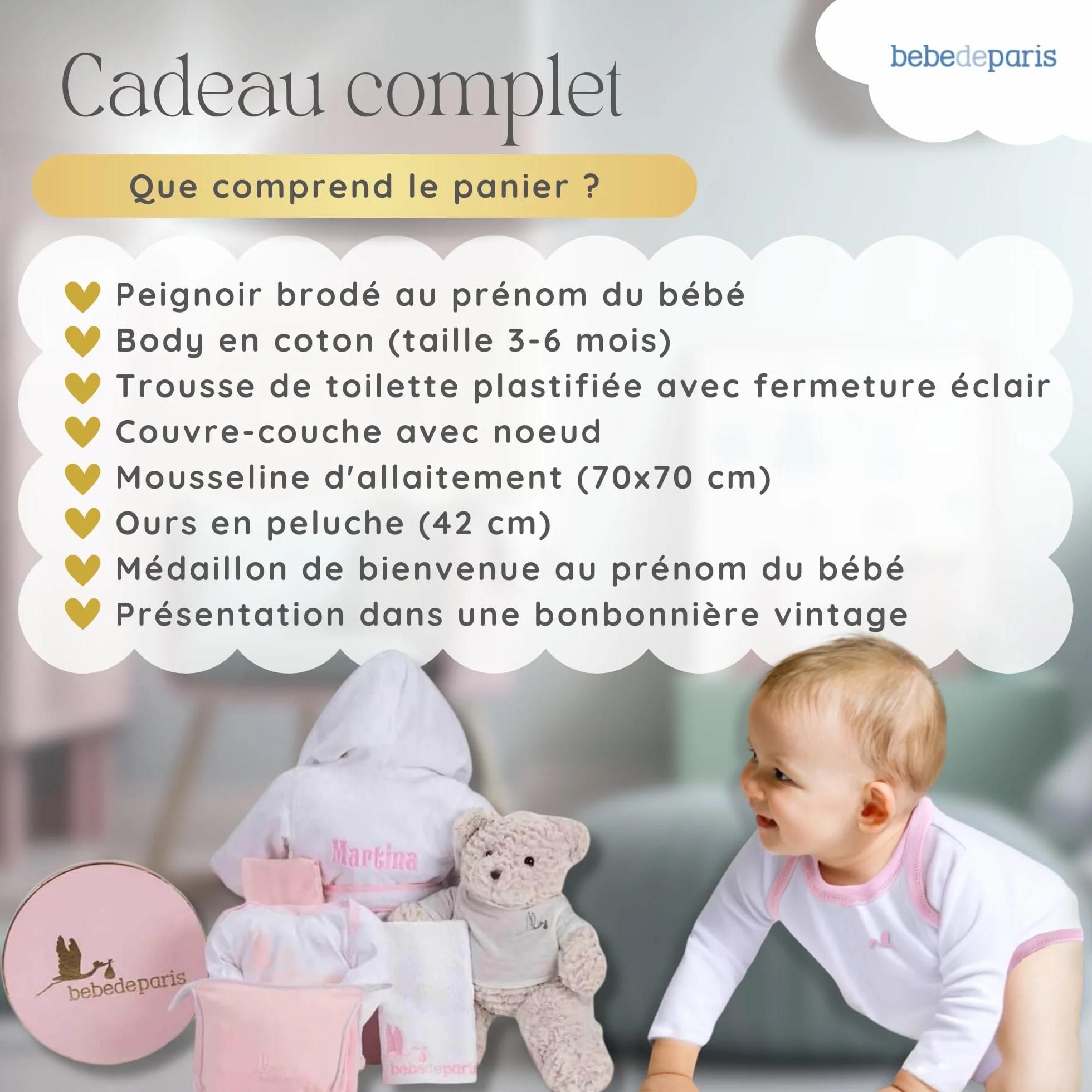 Canastilla Peignoir brodé nouveau-né 6-18 mois Body Trousse toilette mousseline ours peluche