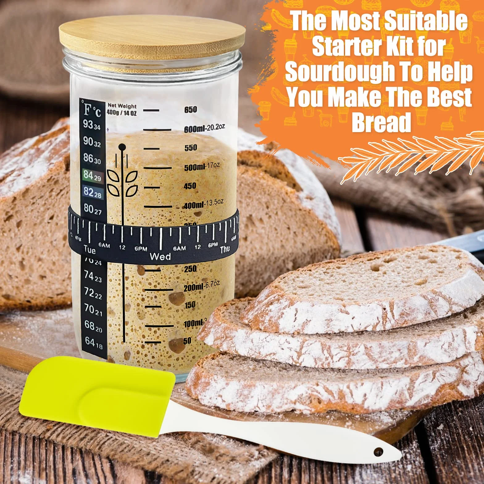Kit de démarrage en verre pour levain - 650 ml - Récipient à levain réutilisable pour une cuisson facile du pain - Facile à utiliser et à nettoyer - Cadeau parfait pour la pâtisserie
