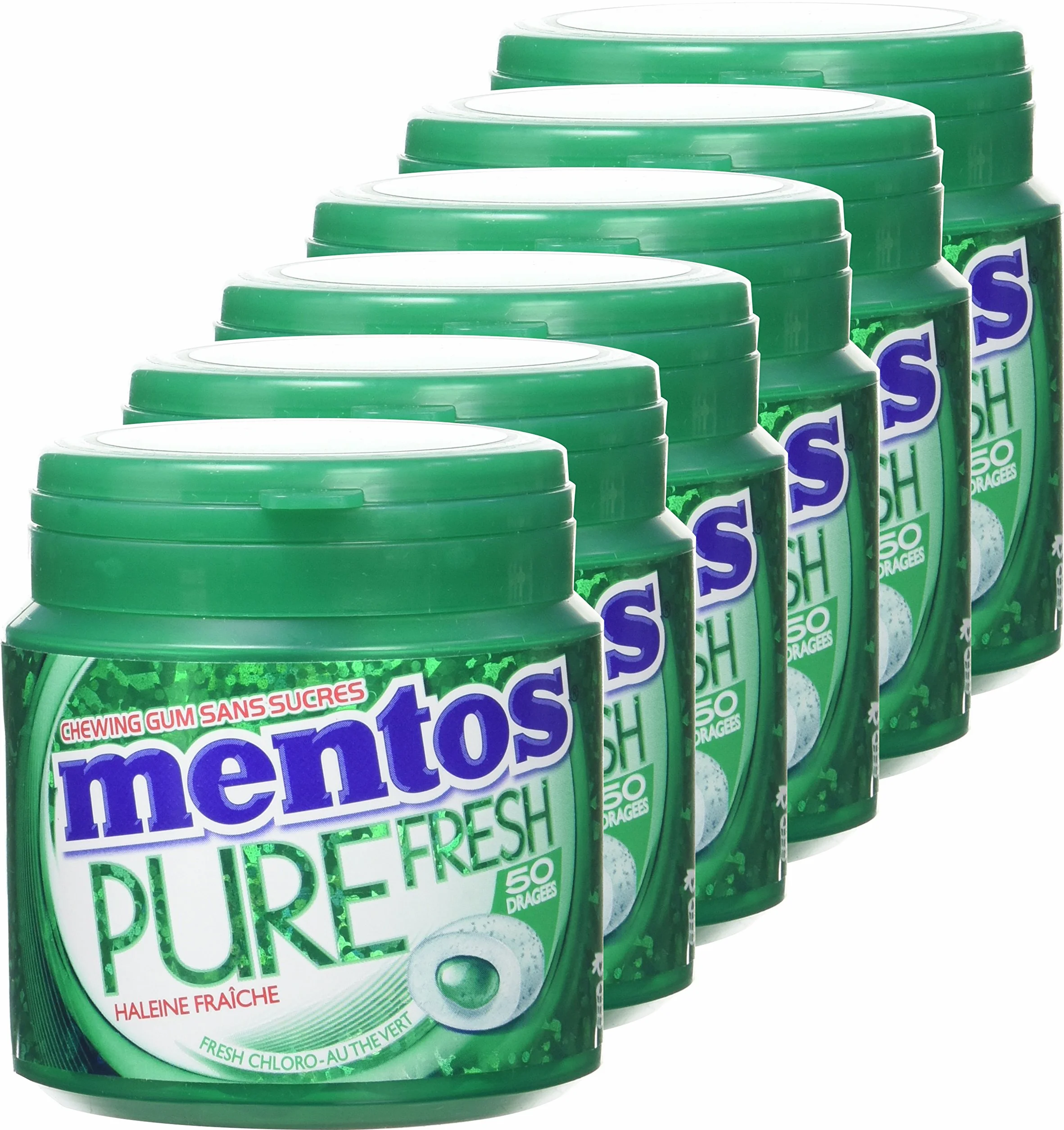 Mentos Pure Fresh Chewing Gum sans Sucres 50 Dragées 100 g - Lot de 6