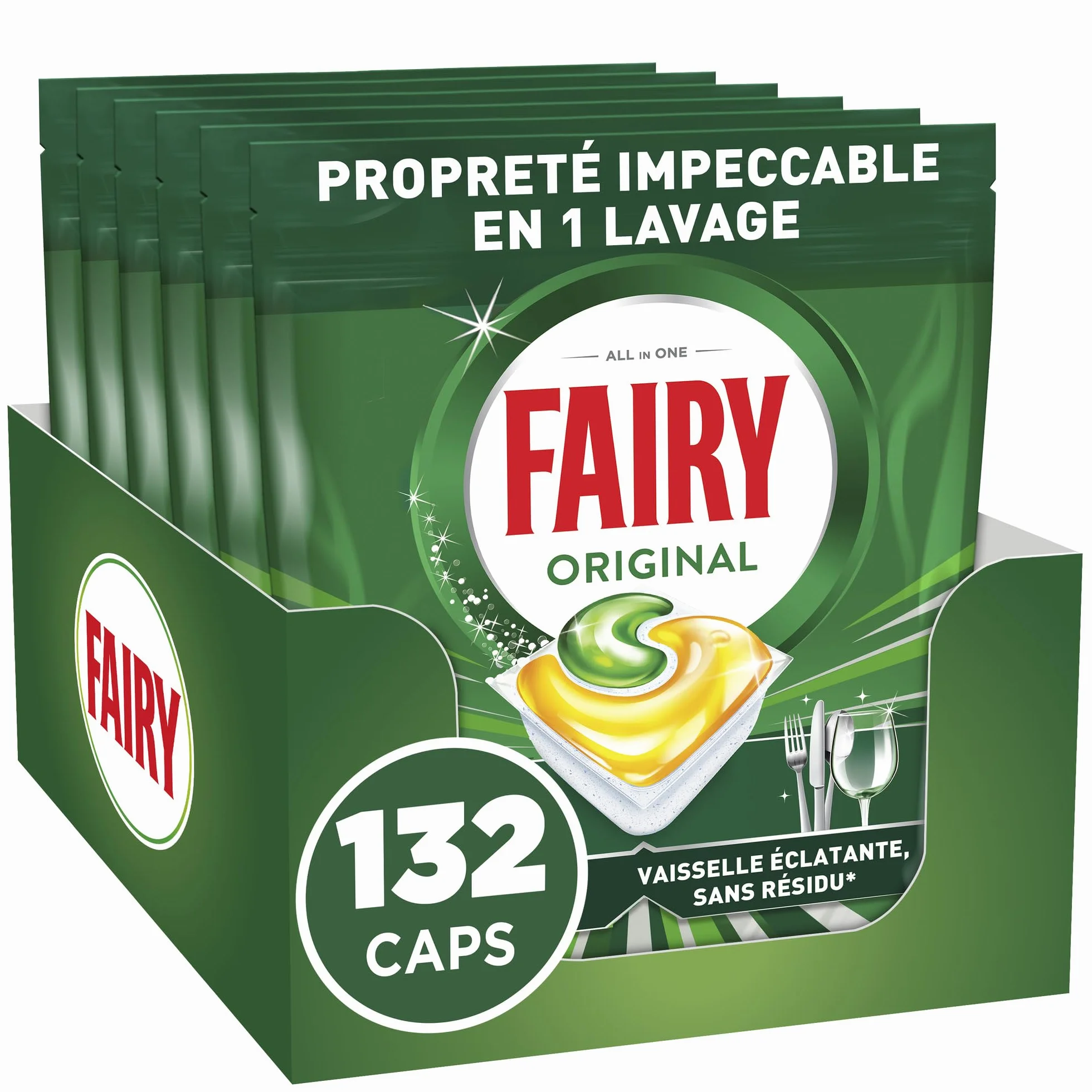 Fairy Original Tablettes Lave-Vaisselle Tout-en-1, 132 Tablettes (22x6), Parfum Citron, Efficaces Contre La Graisse Incrustée, Dissolution Ultra-Rapide, Sans Odeur ni Résidus
