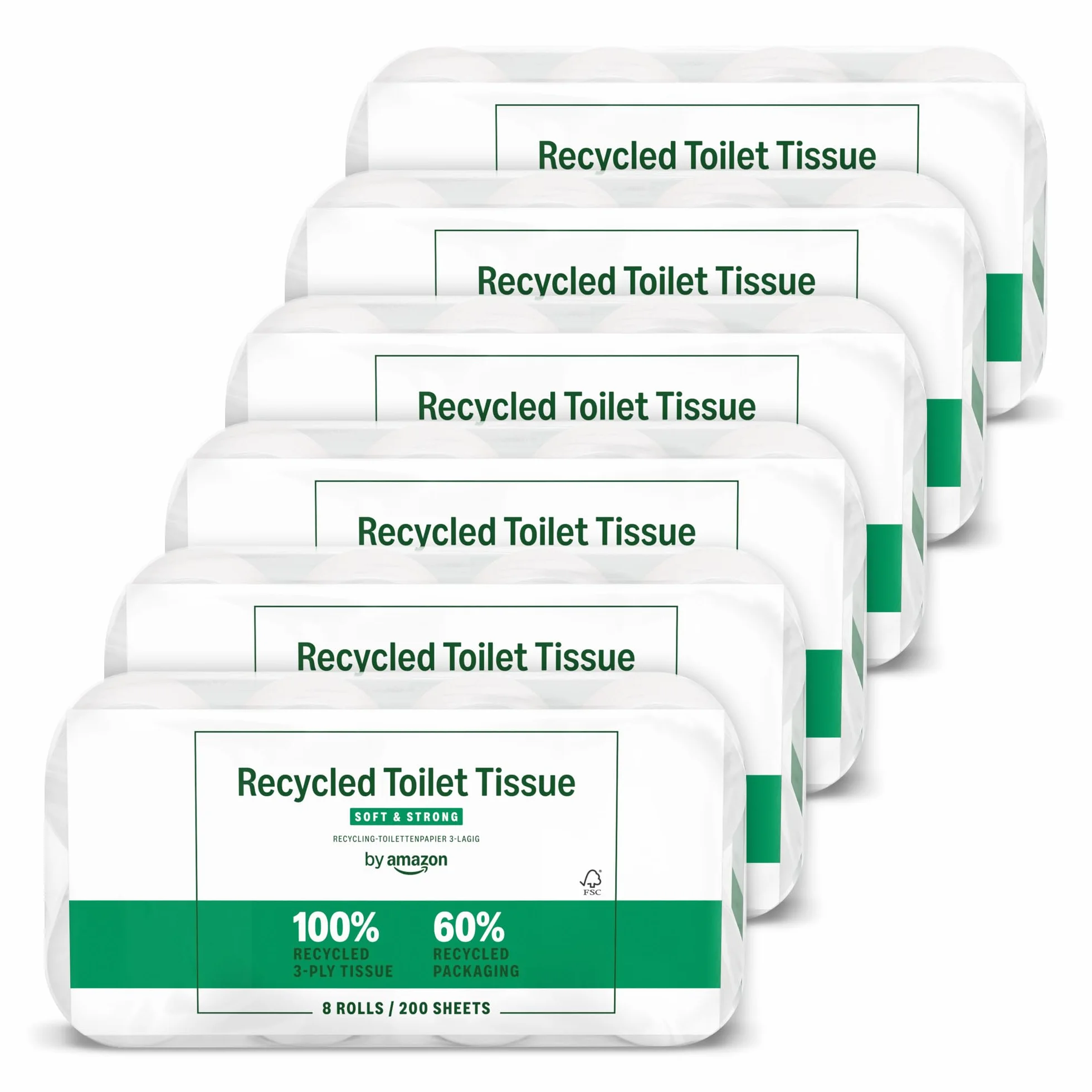 by Amazon Papier Toilette, 3 Épaisseurs 100 % Recyclé, Doux et Résistant, 48 Rouleaux (6 Paquets de 8), 200 Feuilles par Rouleau, Certifié FSC