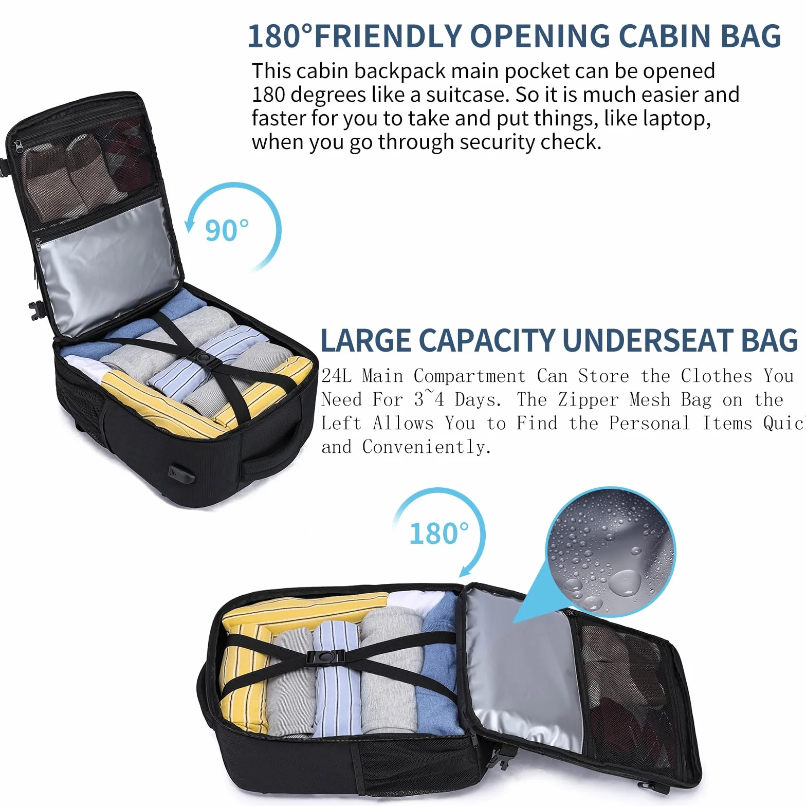 Sac à Dos 40x30x20 Cabine Avion 24L Pour Ryanair Wizzair Eurowings avec Port USB Ordinateur Portable 14 Pouces Noir
