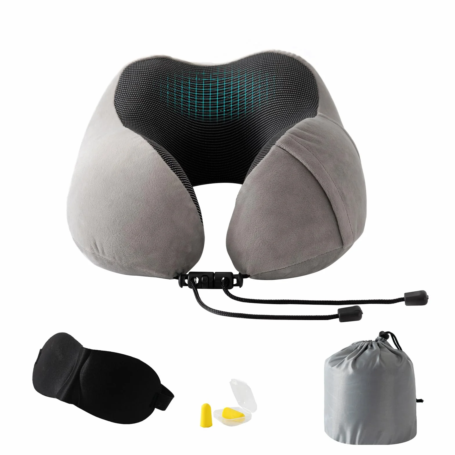 Good Nite Coussin de Voyage Oreiller Cervical Mousse à Mémoire avec Masque pour Les Yeux Bouchons d'oreille Sac de Transport Inclus Gris