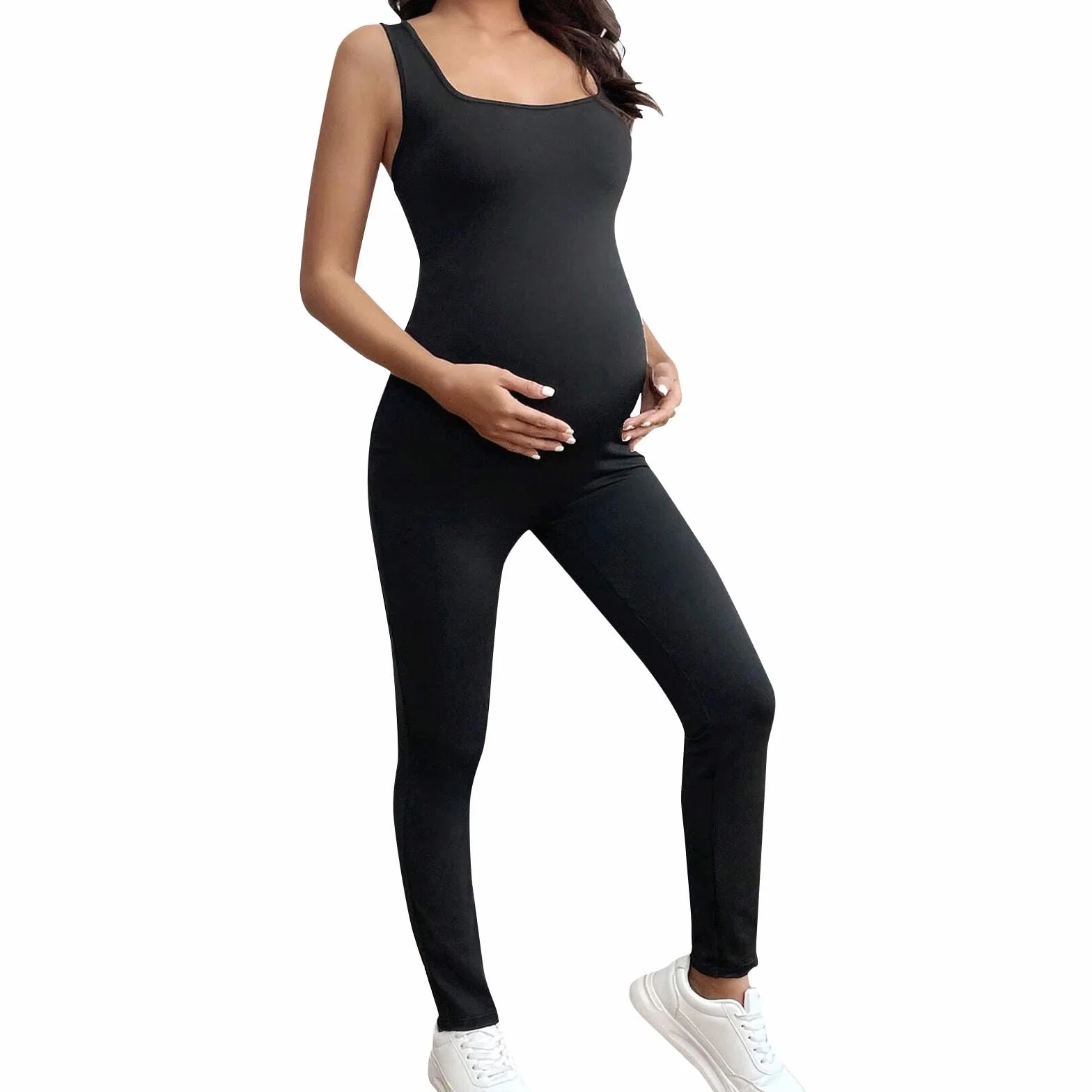 Combinaison de maternité femme col carré sans manches soutien ventre pantalon grossesse salopette extensible yoga sport
