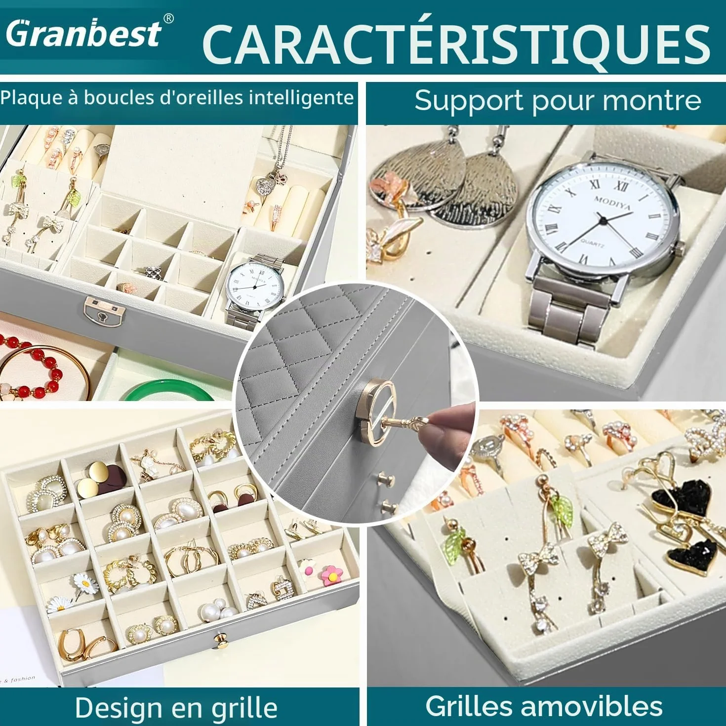 Granbest Coffret à bijoux en cuir 3 niveaux 2 tiroirs Gris