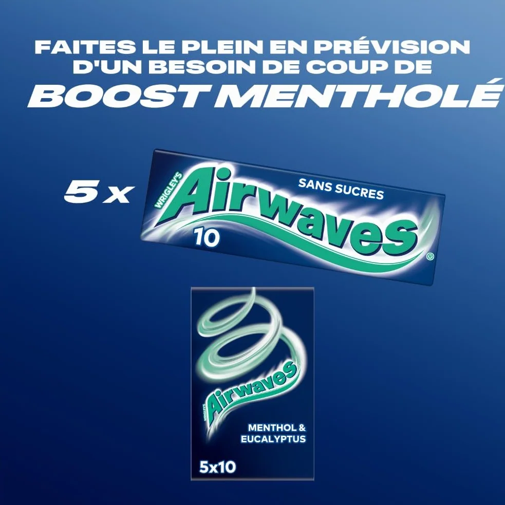 AIRWAVES Chewing Gum Sans Sucre Goût Menthol Eucalyptus Longue Durée 5 Paquets 10 Dragées 70g