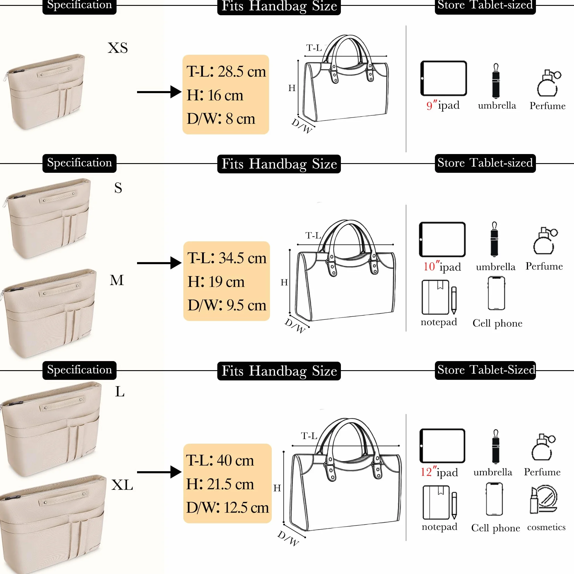Organisateur de Sac à Main pour Femme en Polyester, avec Fermeture Éclair, Intérieur pour Sac à Main