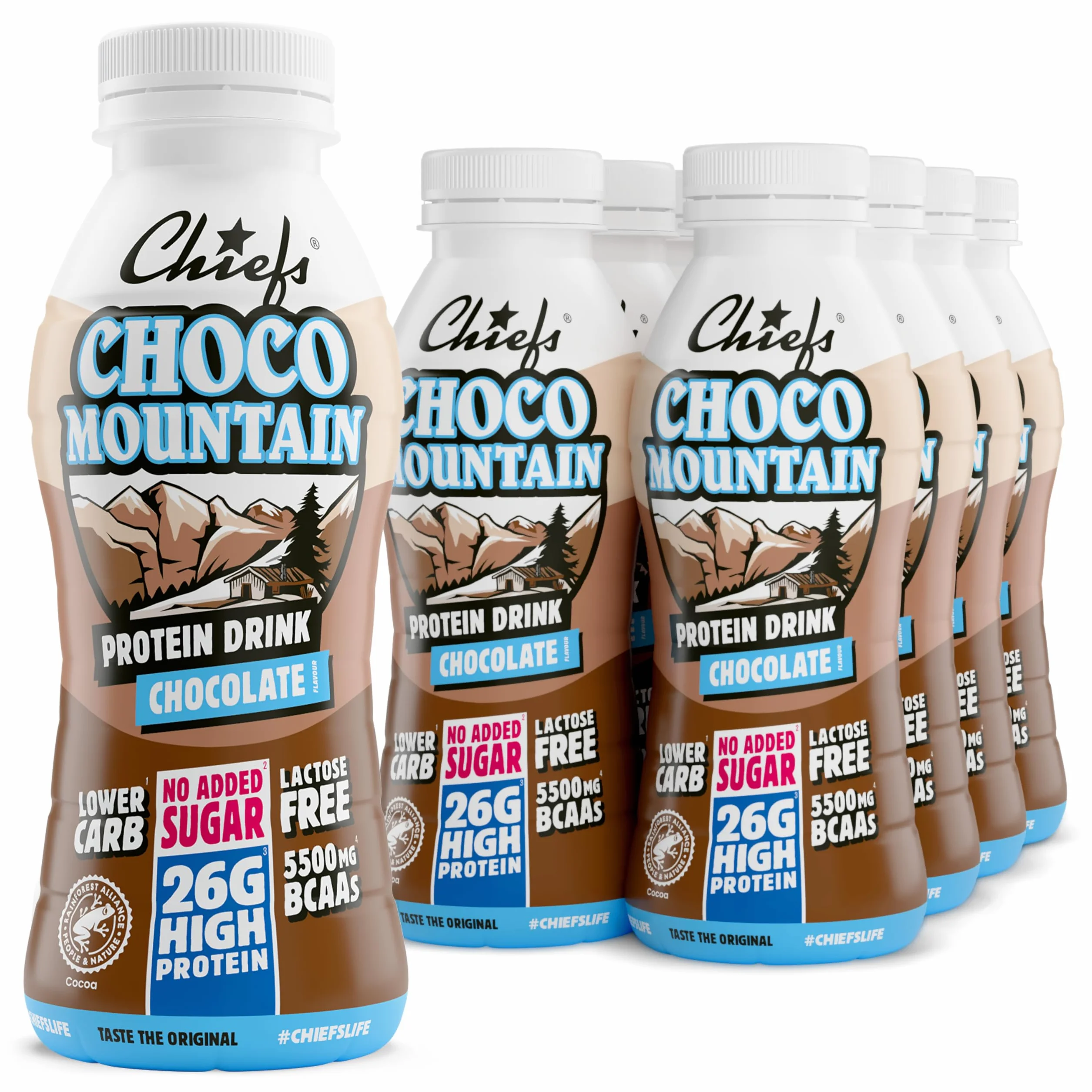 Chiefs® Milk Protein Drink avec 26 g de protéines et BCAA • Shake riche en protéines et faible en glucides, sans lactose et sans sucres ajoutés • 8 x 330 ml (Choco Mountain)