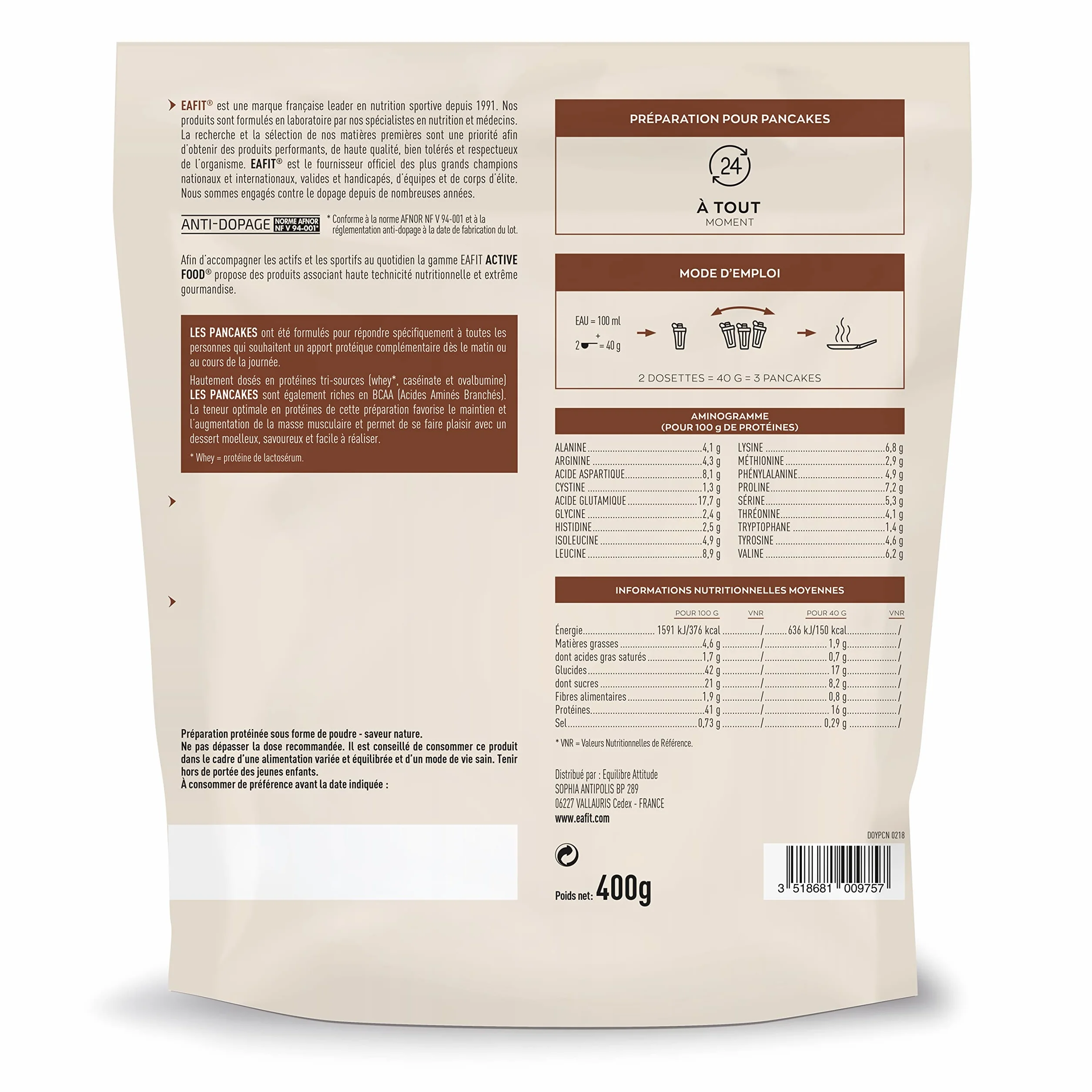 Les Pancakes Protéinés Nature - 400g - 16g de protéines - 3g de BCAA par portion de 3 PANCAKES - FAIBLE en Matières Grasses