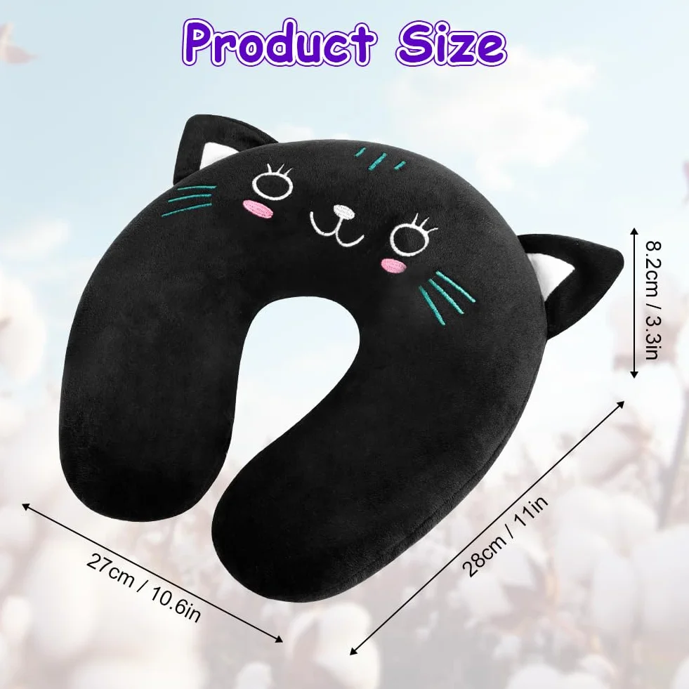 Oreiller de Voyage Enfant Adulte Coussin de Cou Ultra-Doux Chat Noir en Forme de U