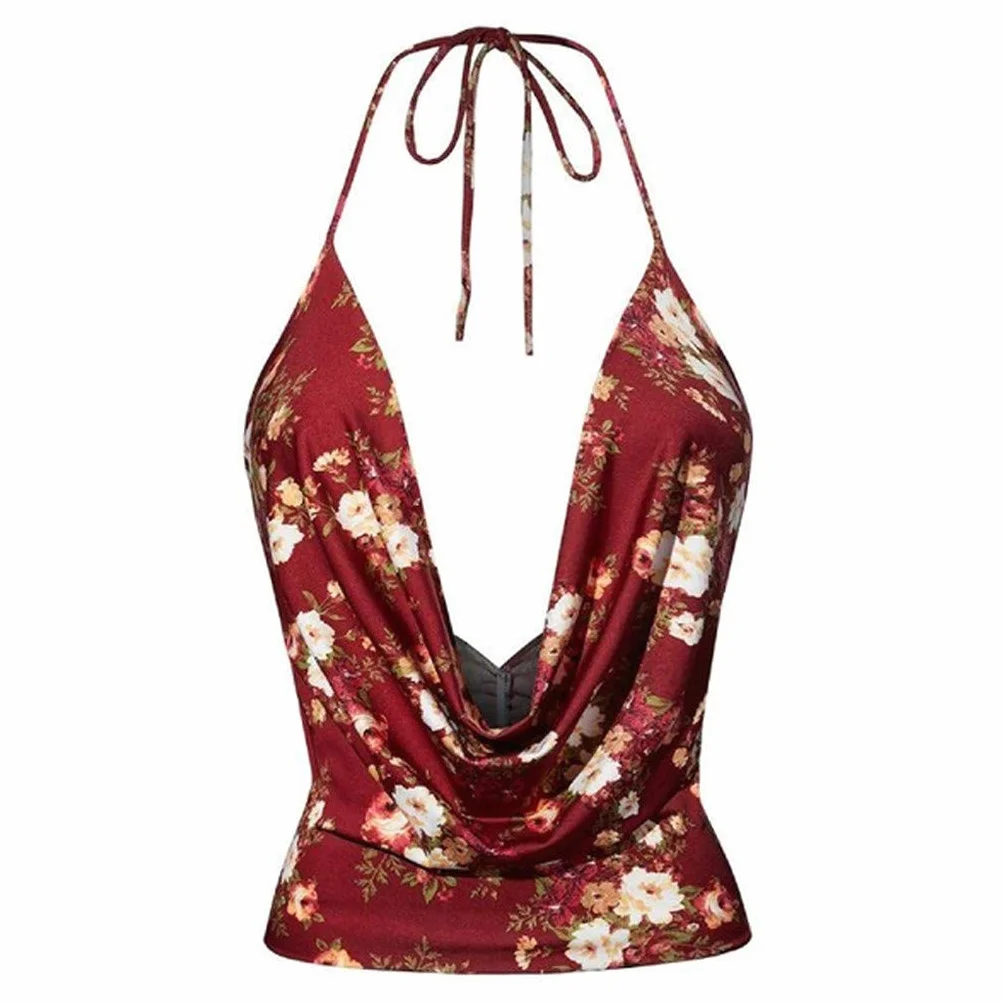 DEELIN Femmes Camisole Col en V Halter Dos Nu Imprimé Floral sans Manches