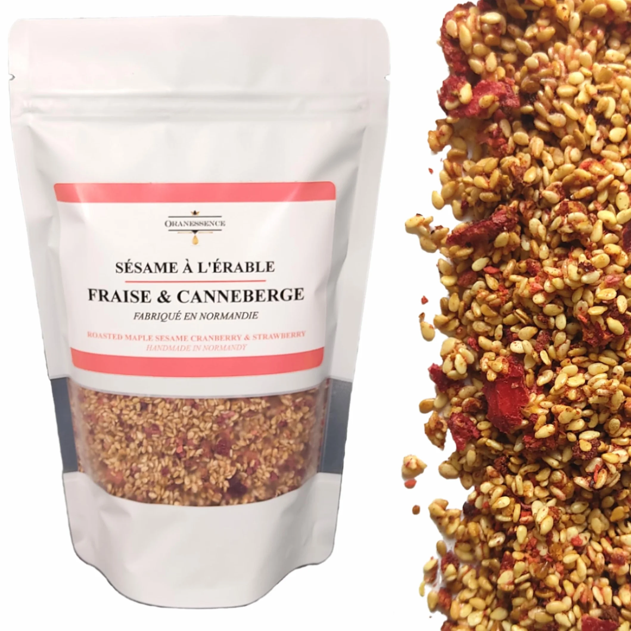 Sésame à l'érable (200g) - Fraise & Canneberge - Topping Dessert - UNIQUE - Fabriqué à la main en Normandie - Assemblage d'Exception - Sans additif, Sans Colorant, Sans Conservateur, non irradié