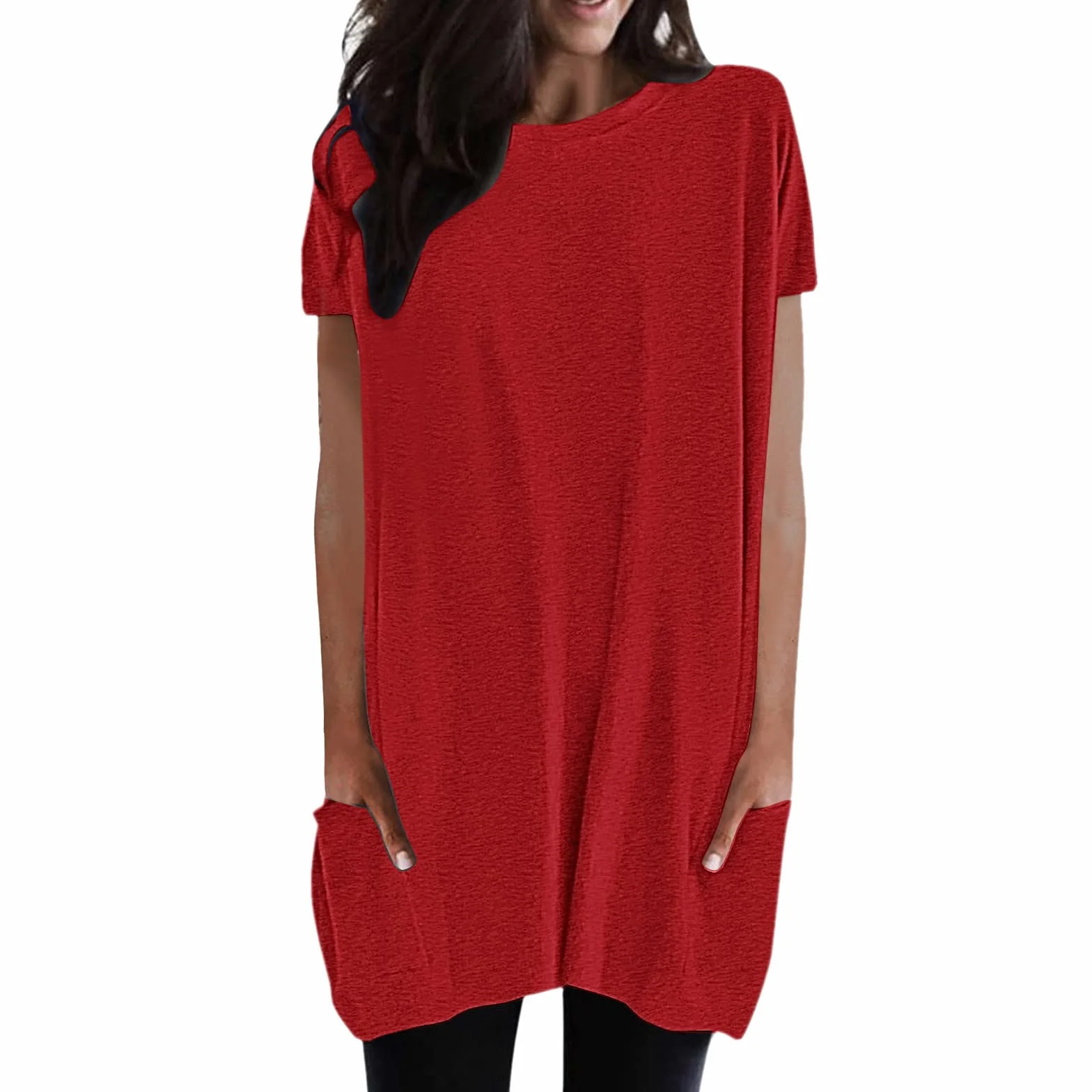 T-shirt long décontracté pour femme manches courtes été surdimensionné col rond poches couleur unie ample tunique basique
