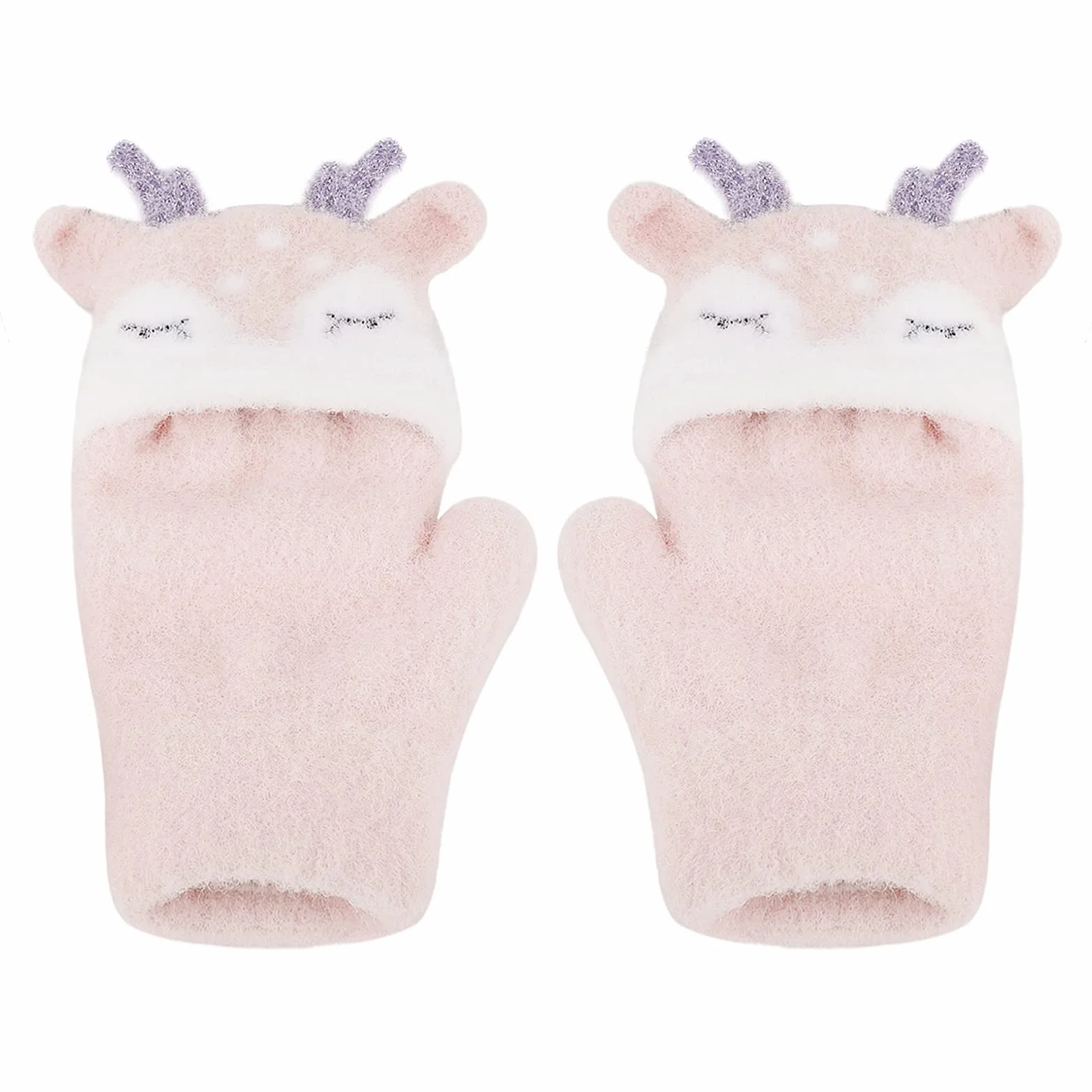 Gants en Tricot d'Hiver pour Fille et Garçon 3-6 Ans Mitaines Motif Renard Mignon Demi Doigts à Rabat Chaud