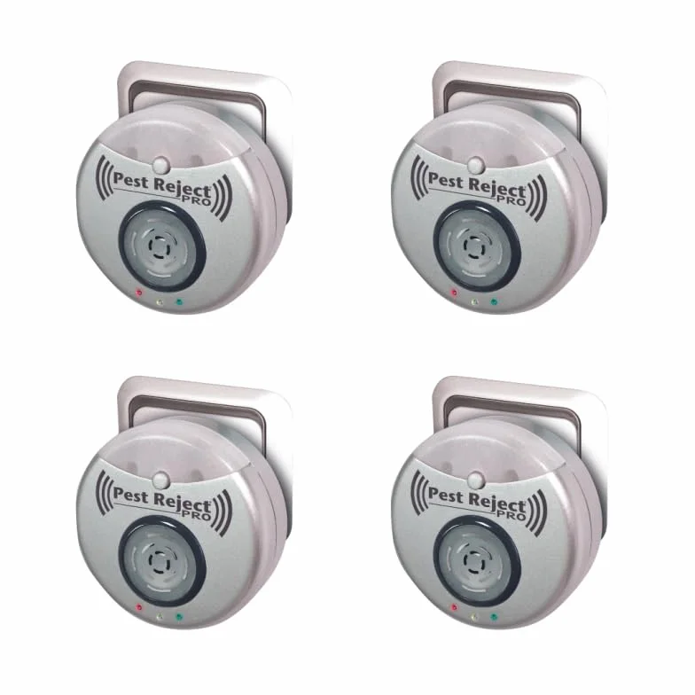 Pest Reject Pro - Lot de 4 - VENTEO - Répulsif nuisibles Repulse Power - Ultrasons et électromagnétisme - Couleur Gris - Couverture de Votre Maison de 200m² - Veilleuse intégrée