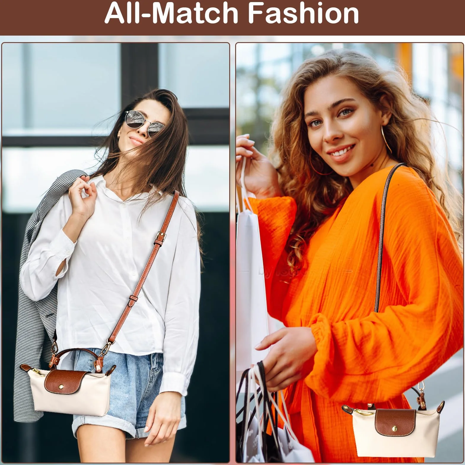 Bandoulière Réglable pour Sac Longchamp Mini, Marron, Sangle à Boucle Sans Perforation avec 2 Adaptateurs