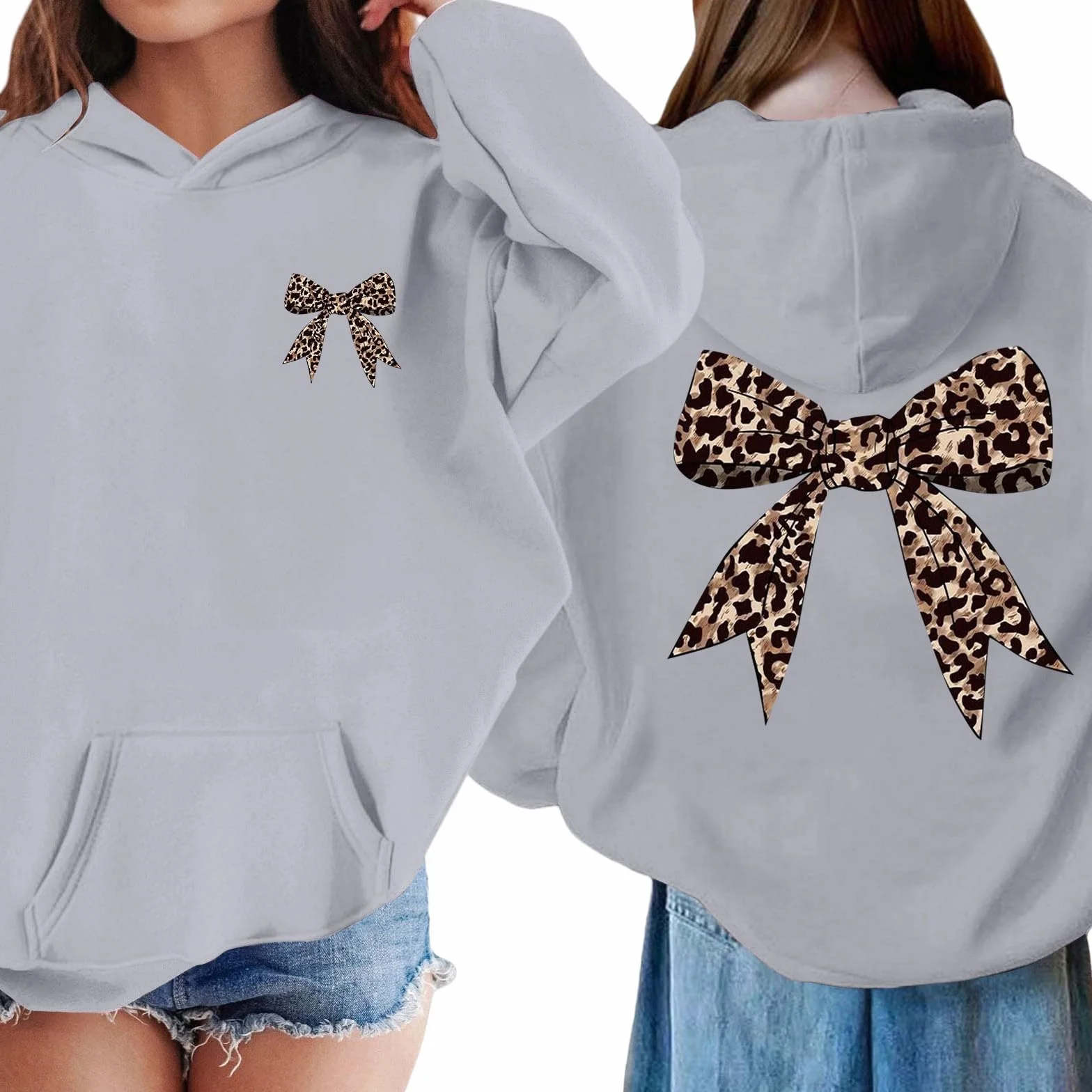Sweat à capuche fille nœud léopard imprimé graphique manches longues pull école décontracté