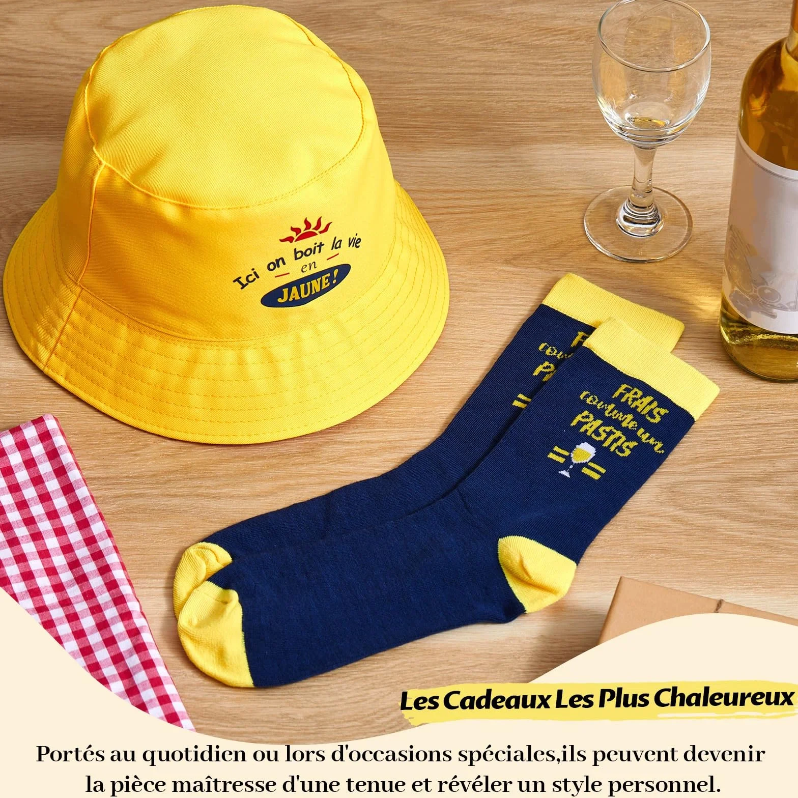 Geyoga Bob Jaune Chaussettes Rigolotes Frais Comme un Pastis Taille 39-46 Set Cadeaux Humour Hommes