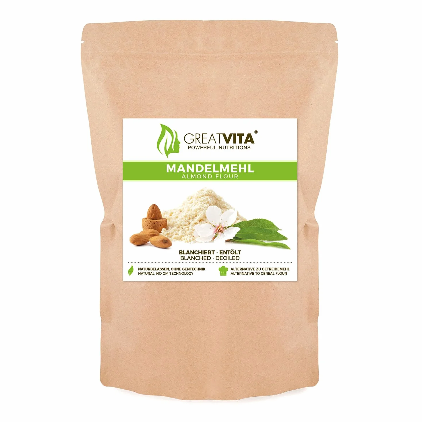 Farine d'amande MeaVita, blanchie et déshuilée, 1 paquet (1x 800g) dans un sac