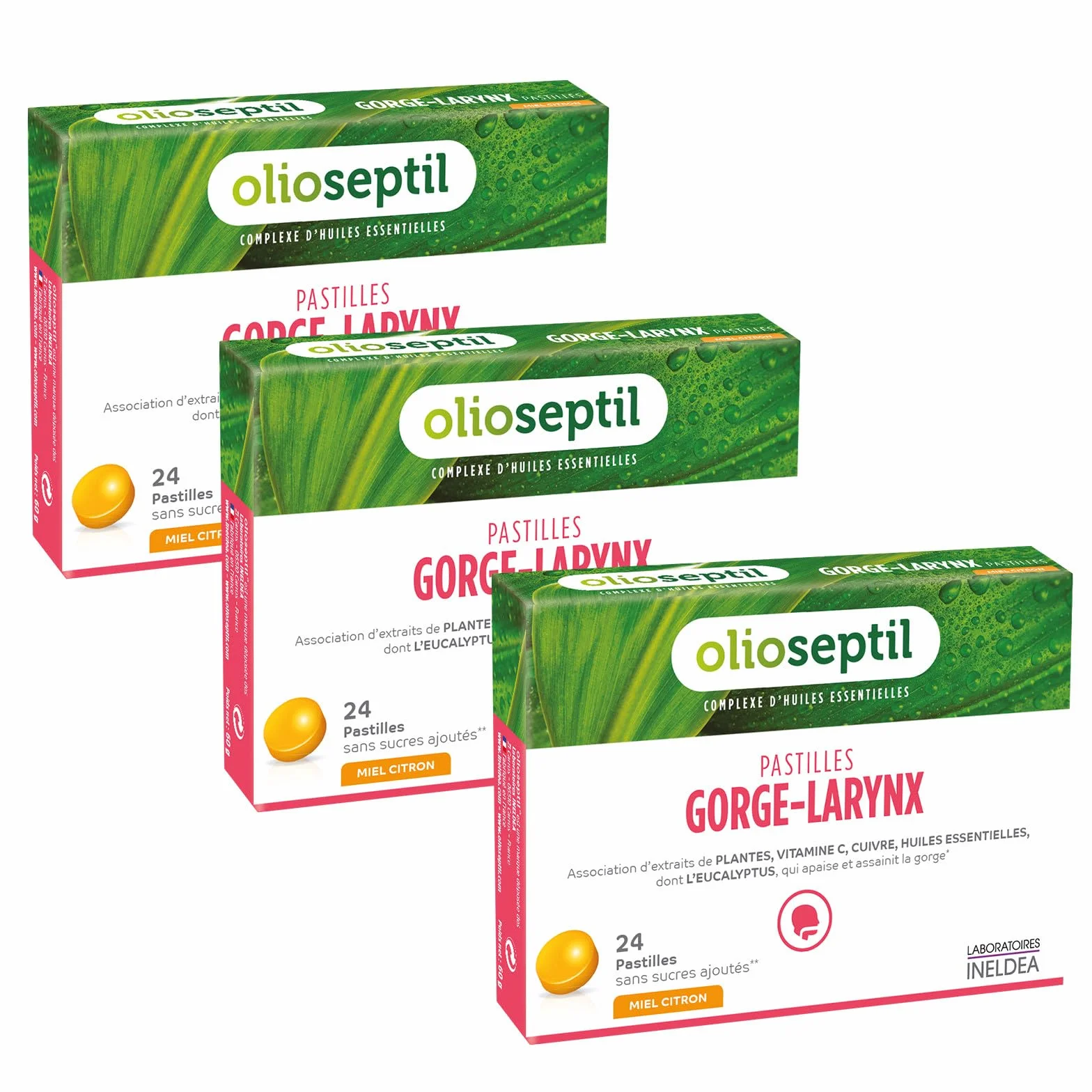 OLIOSEPTIL - Pastilles à Sucer Gorge-Larynx - Apaise et Assainit la Gorge - Sans Sucres Ajoutés - Extraits de Plantes, Vitamine C, Cuivre et Huiles Essentielles - Gout Miel Citron - Lot de 3