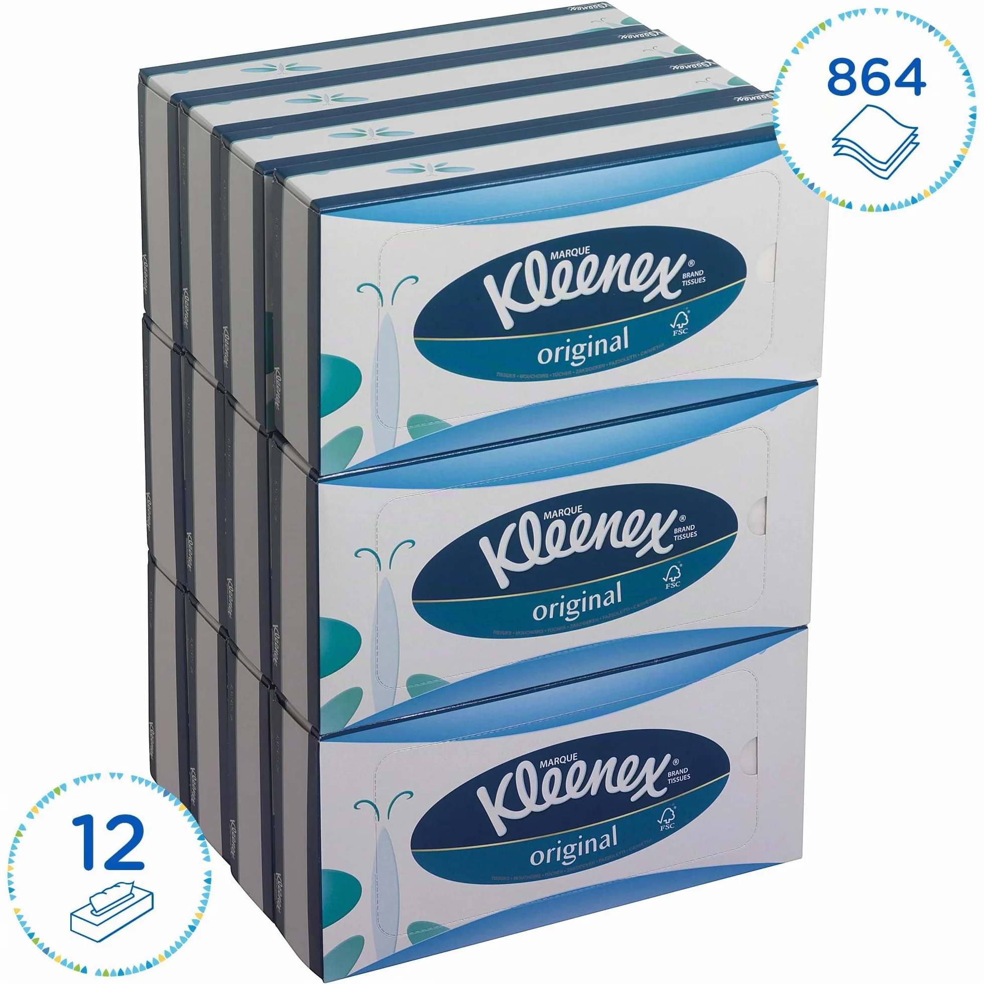 Kleenex Mouchoirs en Boite, 3 Epaisseurs, Absorbants, Certifiés FSC, Ecologiques, Idéals pour Bureaux et Espaces Professionnels, 12 Boites x 72 Mouchoirs (864 au Total), Réf. article 8824