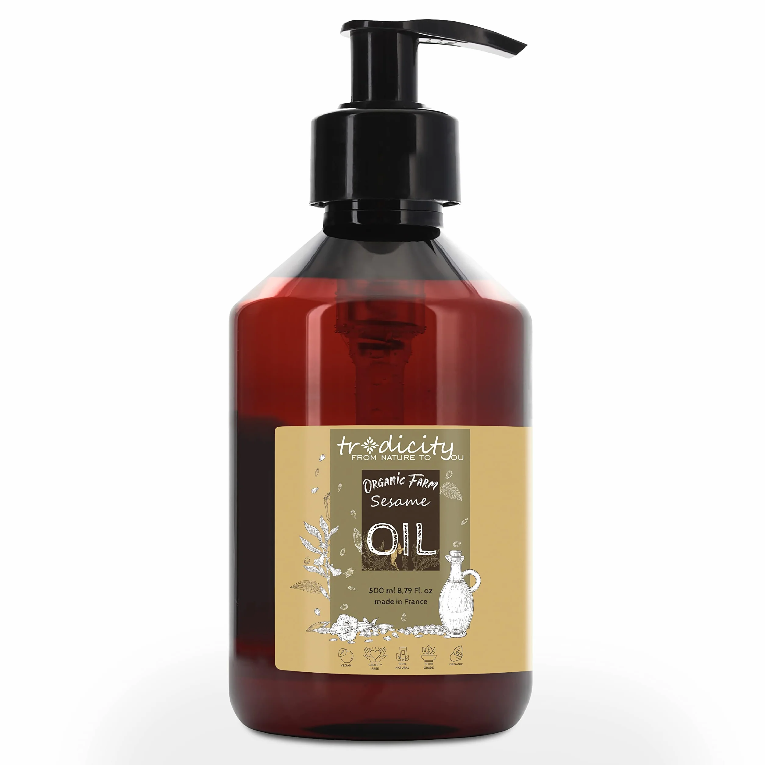 Huile de Sésame BIO Graines de Sésame 100% Pure, Naturelle et Pressée à Froid. Huile de Sesame Certifié Biologique, Cosmétique Maison Naturelle (Cheveux, Peau) - 500 ml