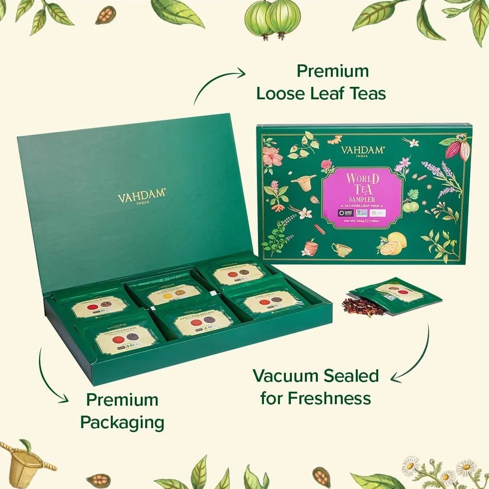 VAHDAM, Coffret Cadeau Assorti De Thés (20 Thés) | Sans Gluten, Sans OGM, Coffret Cadeau De Thé – Noir, Vert, Oolong, Blanc, Thé Chai Et Tisane | Cadeau pour Femme et Homme