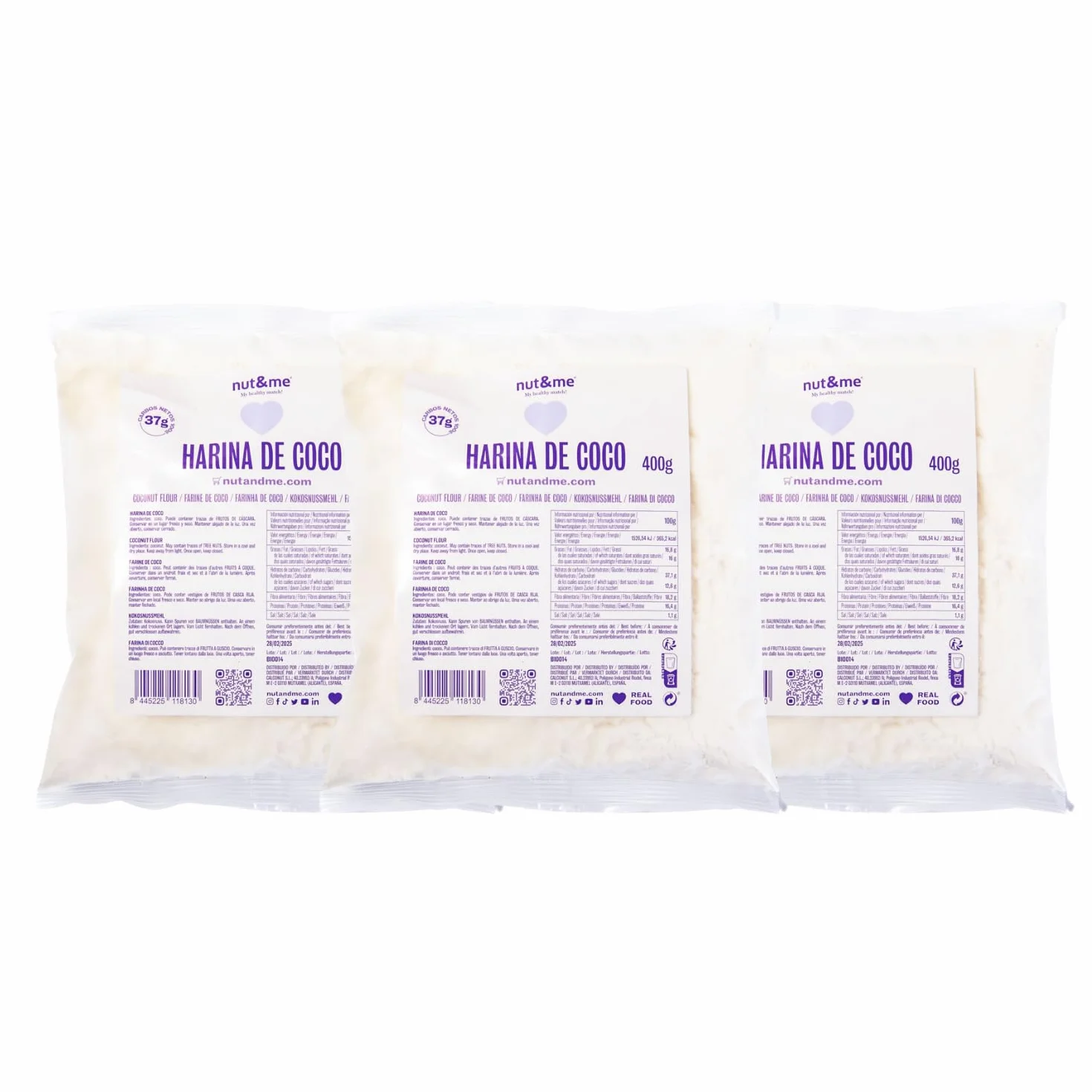 Farine de Noix de Coco 1,2 Kg nut&me | sain - sans gluten, sans additifs | Keto | végétalienne | Pâtisserie | Pack 3 x 400 g
