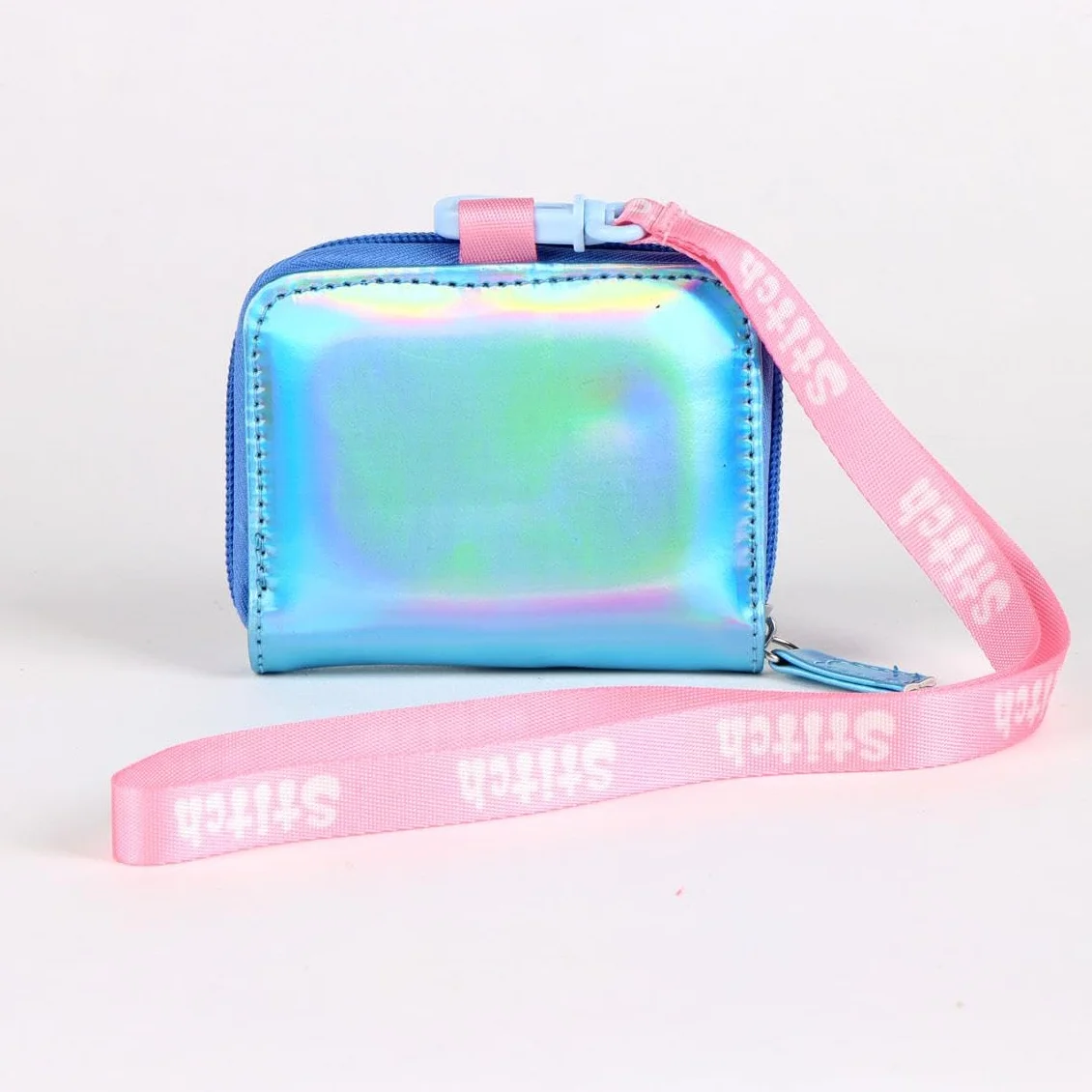 Stitch Porte-Monnaie avec Sangle, Design irisé Bleu et Rose, Fermeture éclair